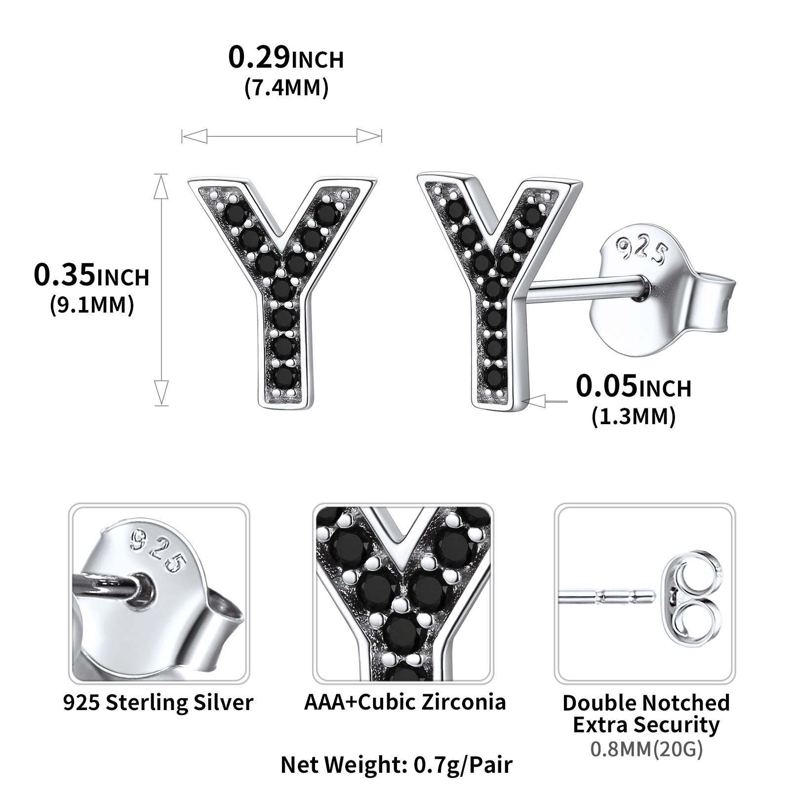 Sterling Silver ChicSilver Dainty Black Cubic Zirconia Initial Y Alphabet Stud Earrings Details: Dimensions, Hypoallergenic, Push Back Finding