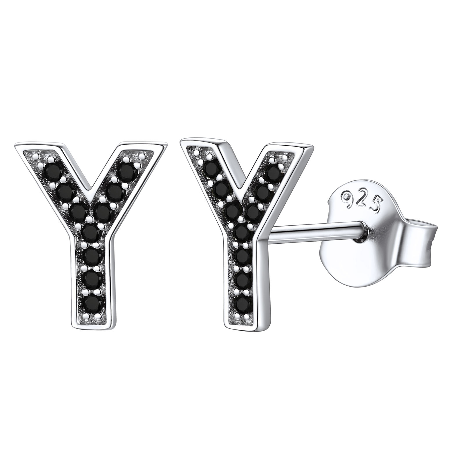 Dainty Black Cubic Zirconia Initial Alphabet Stud Earrings