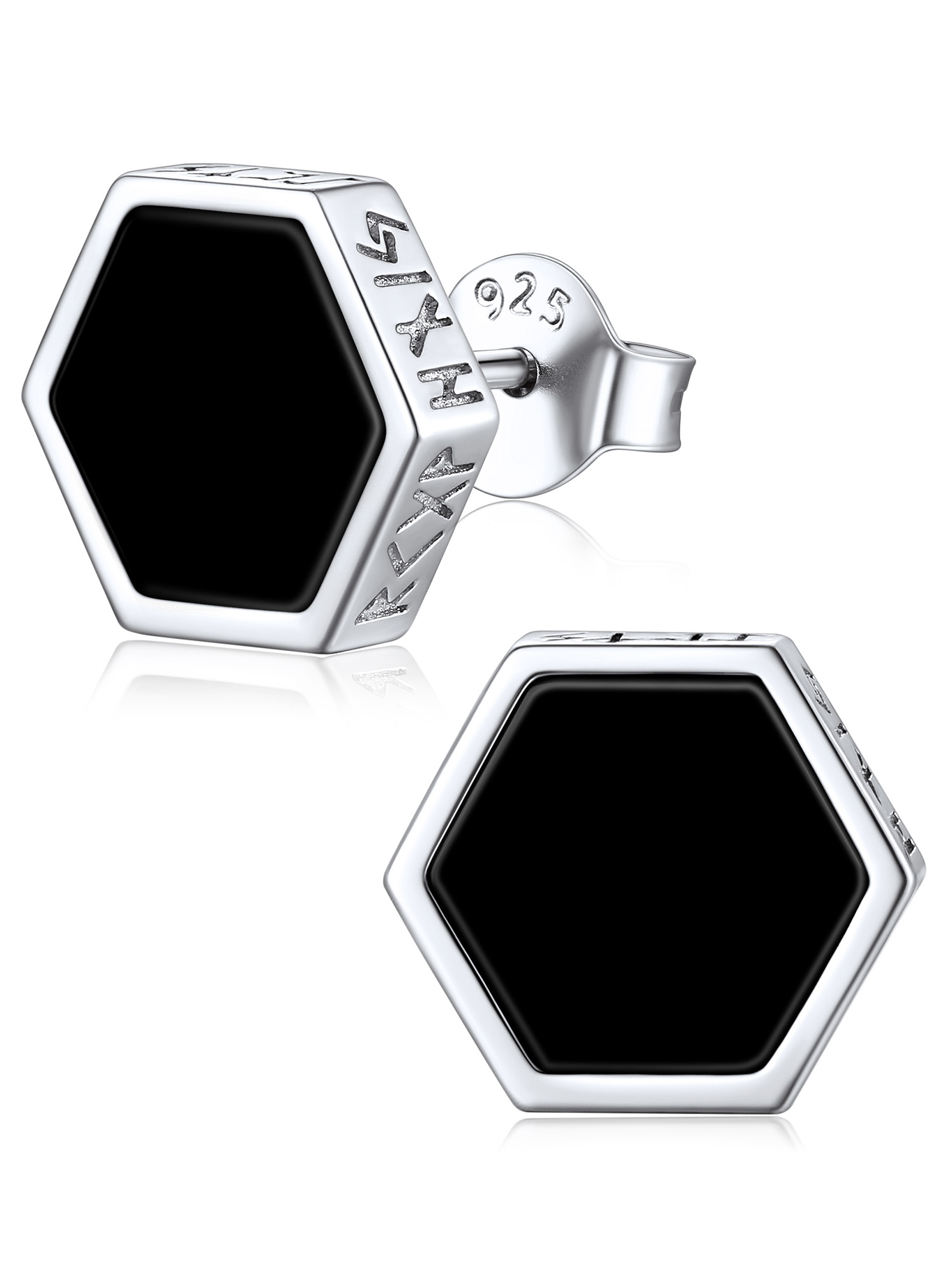Black Onyx Viking Rune Small Hexagon Studs Earrings for Men