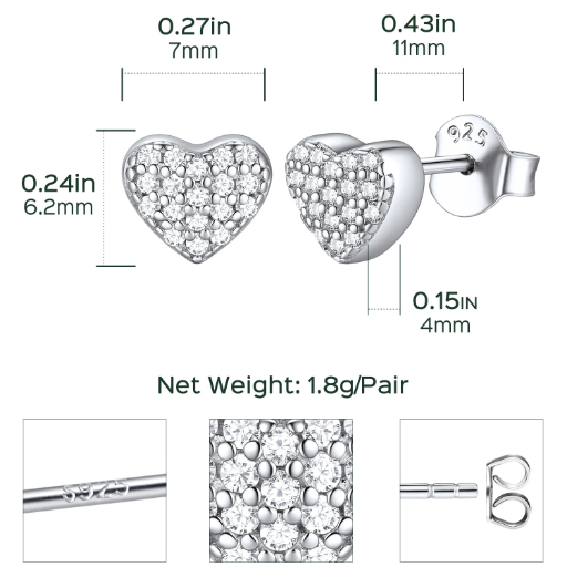 Sterling Silver 7mm Heart Stud Earrings for Women