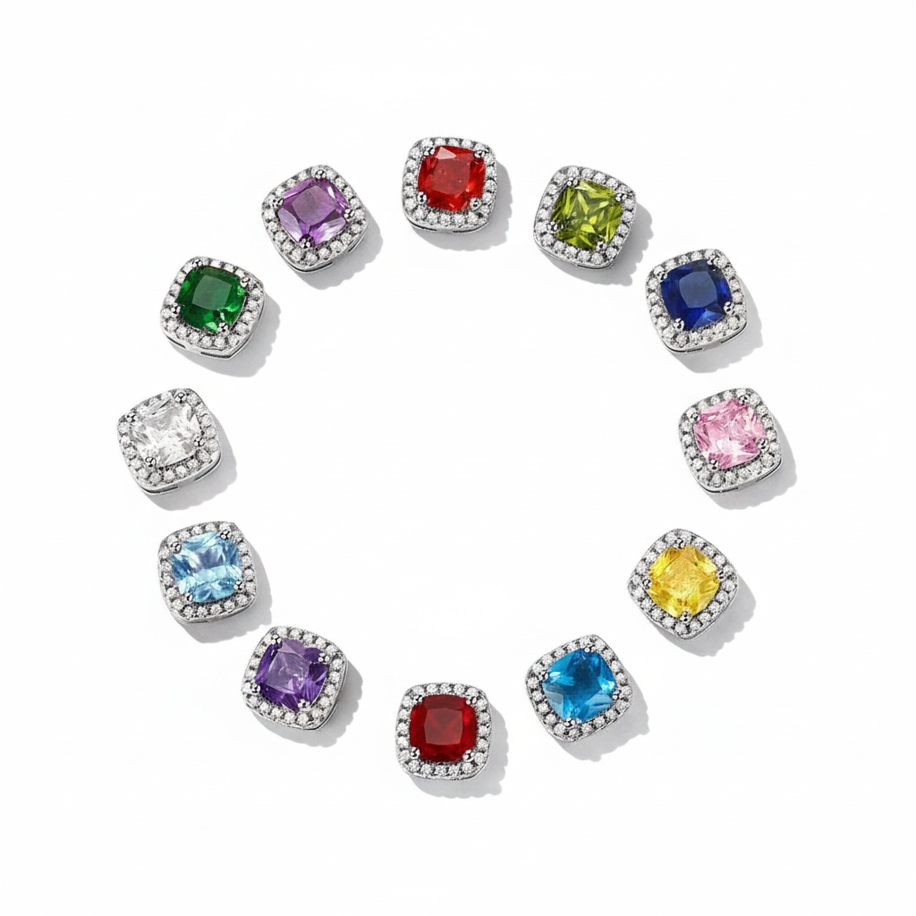Square Sparkle Halo Birthstone Gemstone & Cubic Zirconia Stud Earrings  in Different Month Colors