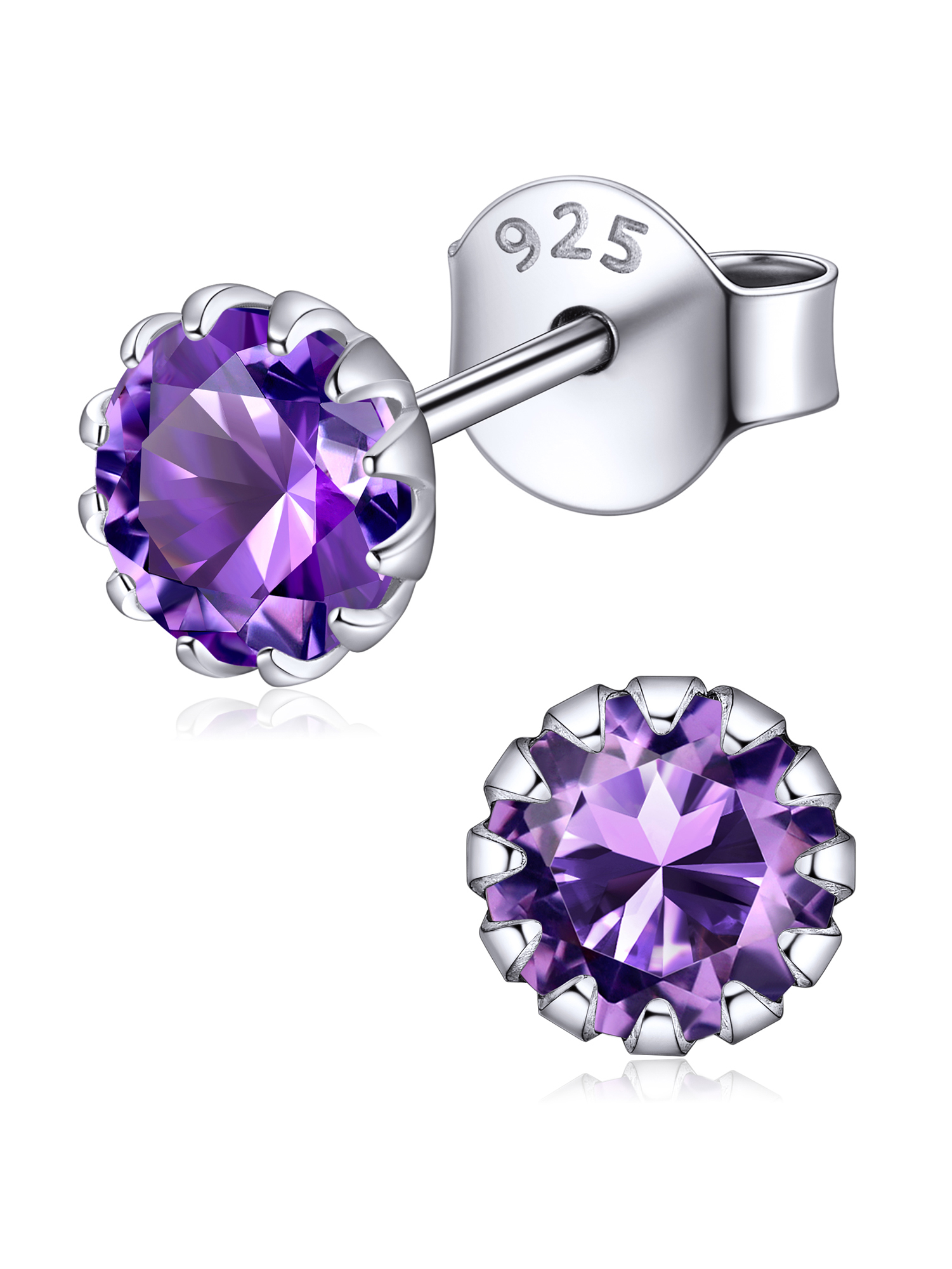Round Cut Birthstone Stud Earrings for Ladies,  jan birthstone, February birthstone, Amethyst Jewelry, Pisces Birthstone, Aquarius Birthstone, silver earrings, gift idea