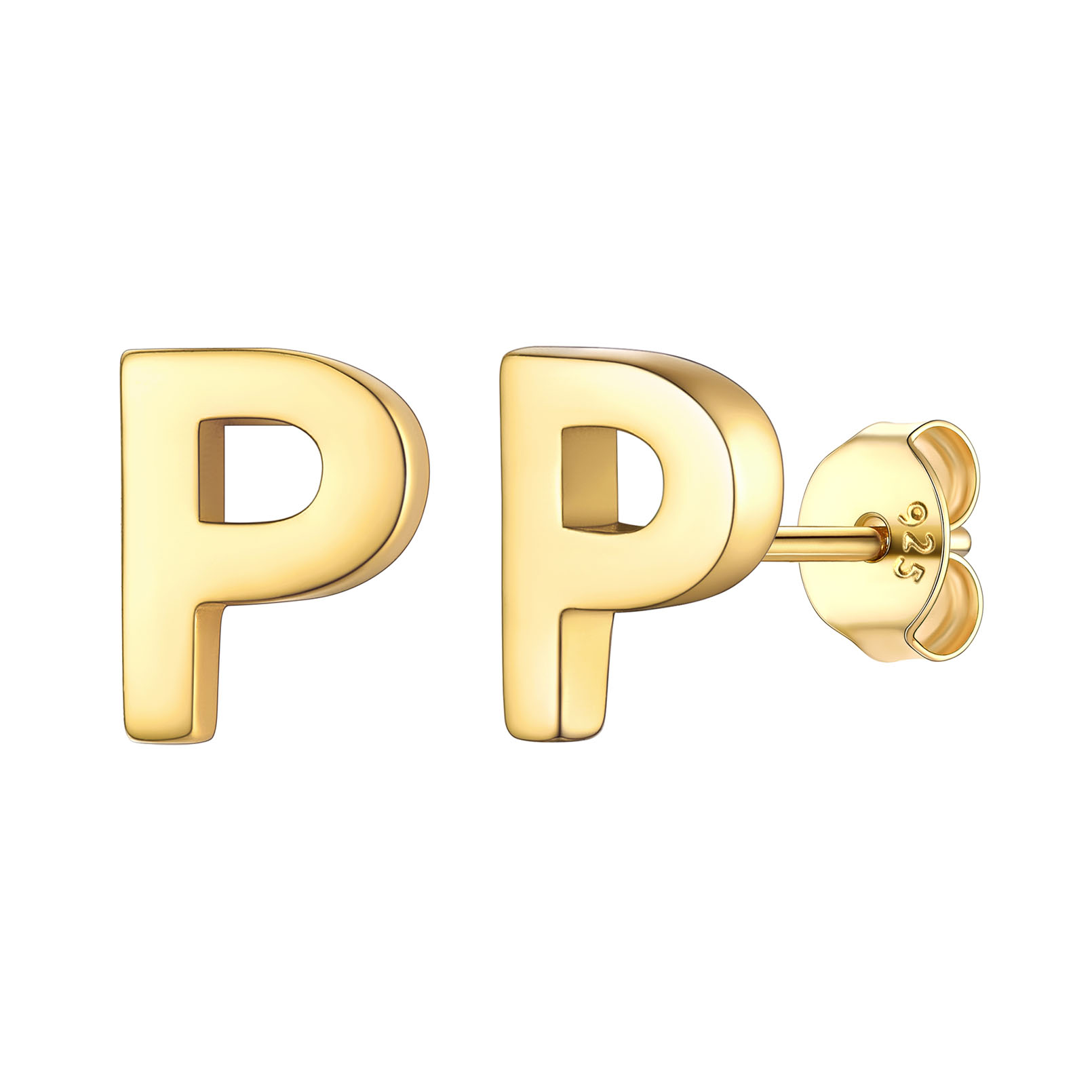 P-Gold-ChicSilver Hypoallergenic Initial Letter Earrings Studs, sterling silver jewlery, 925 sterling silver earrings, Initial Earrings, gift idea,  A to Z  jewelry