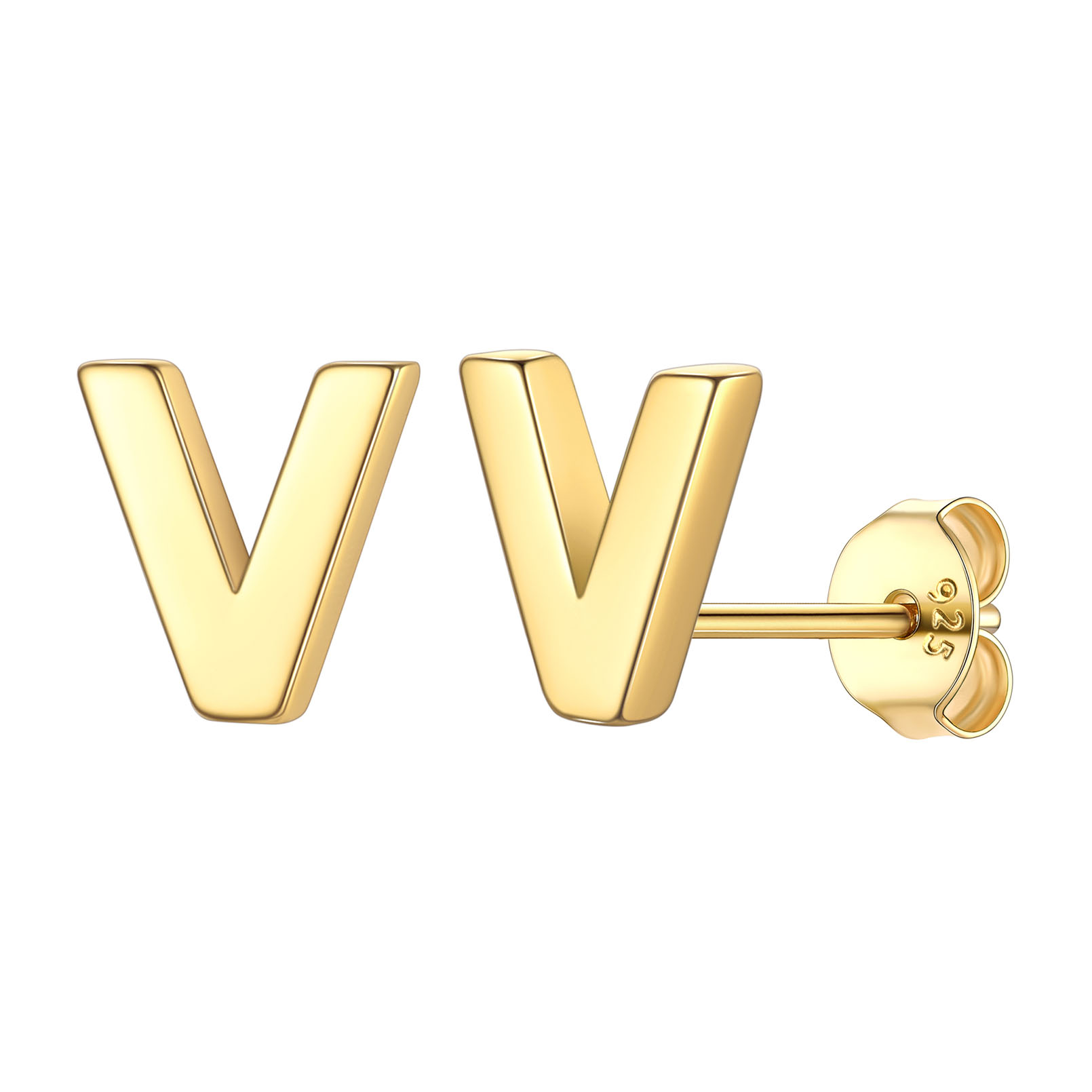 V-Gold-ChicSilver Hypoallergenic Initial Letter Earrings Studs, sterling silver jewlery, 925 sterling silver earrings, Initial Earrings, gift idea,  A to Z  jewelry