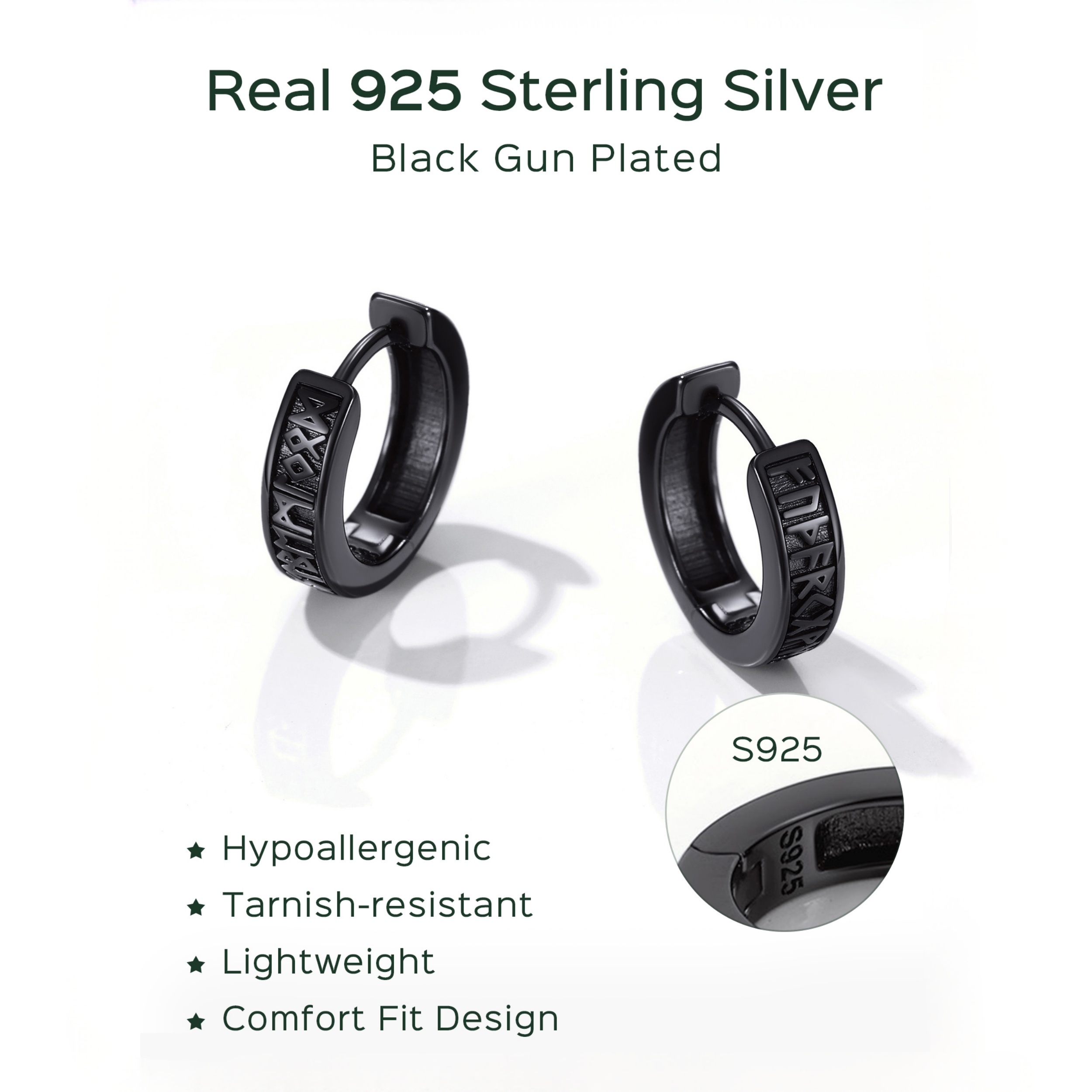 ChicSilver Sterling Silver Runes Hoop Hypoallergenic Huggie Earrings