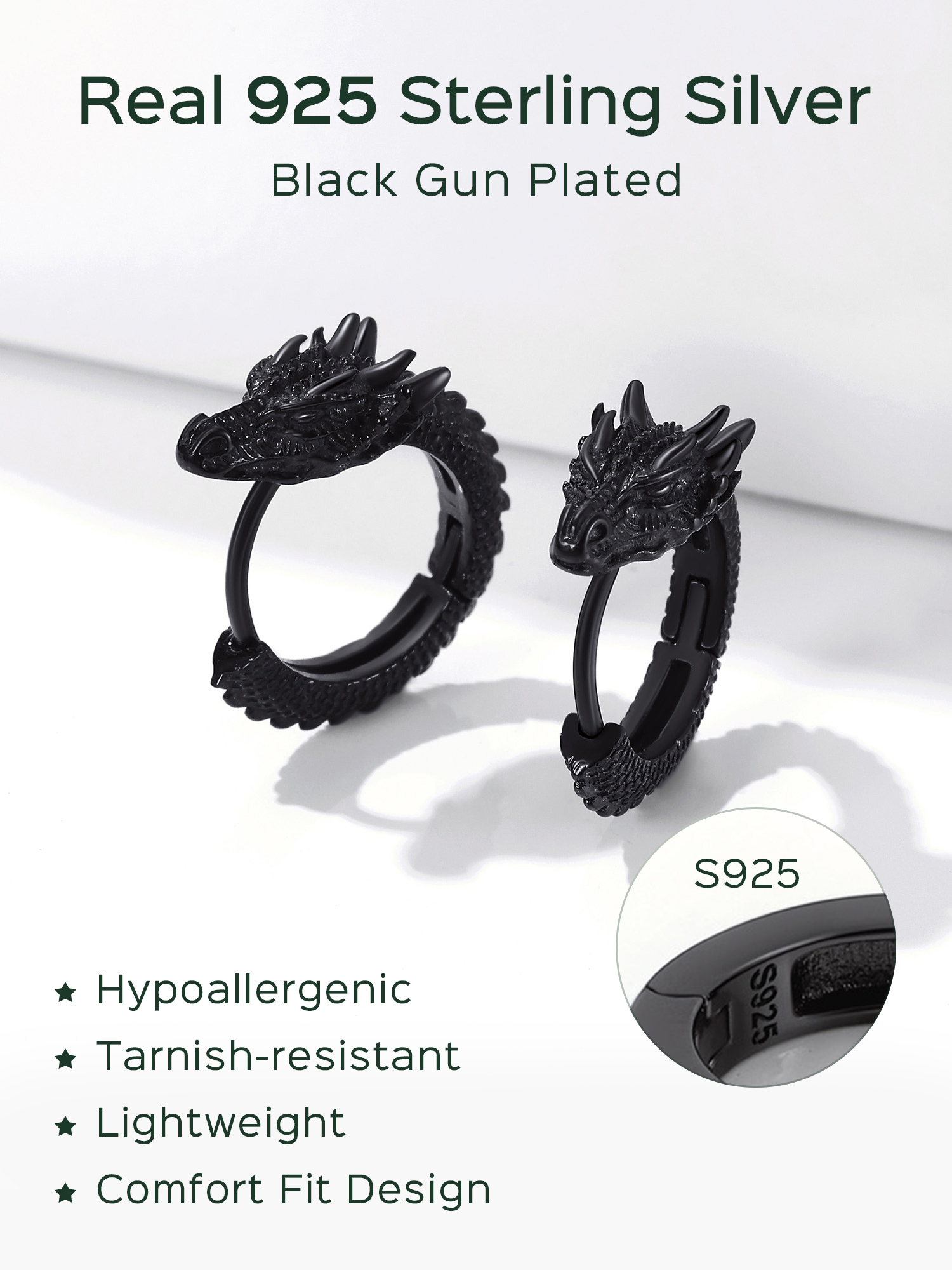 Sterling Silver Hypoallergenic Dragon Earrings Hoop Earrings