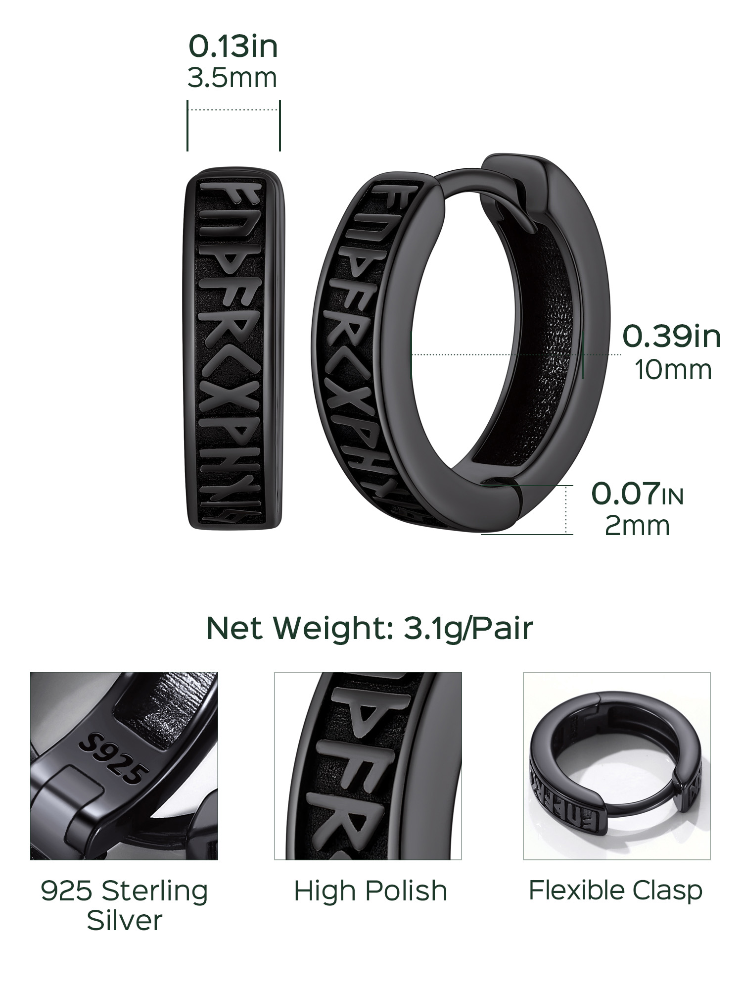 Runes Hoop Hypoallergenic Huggie Earrings  Details: Dimensions, Hypoallergenic, Hinged Hoop.