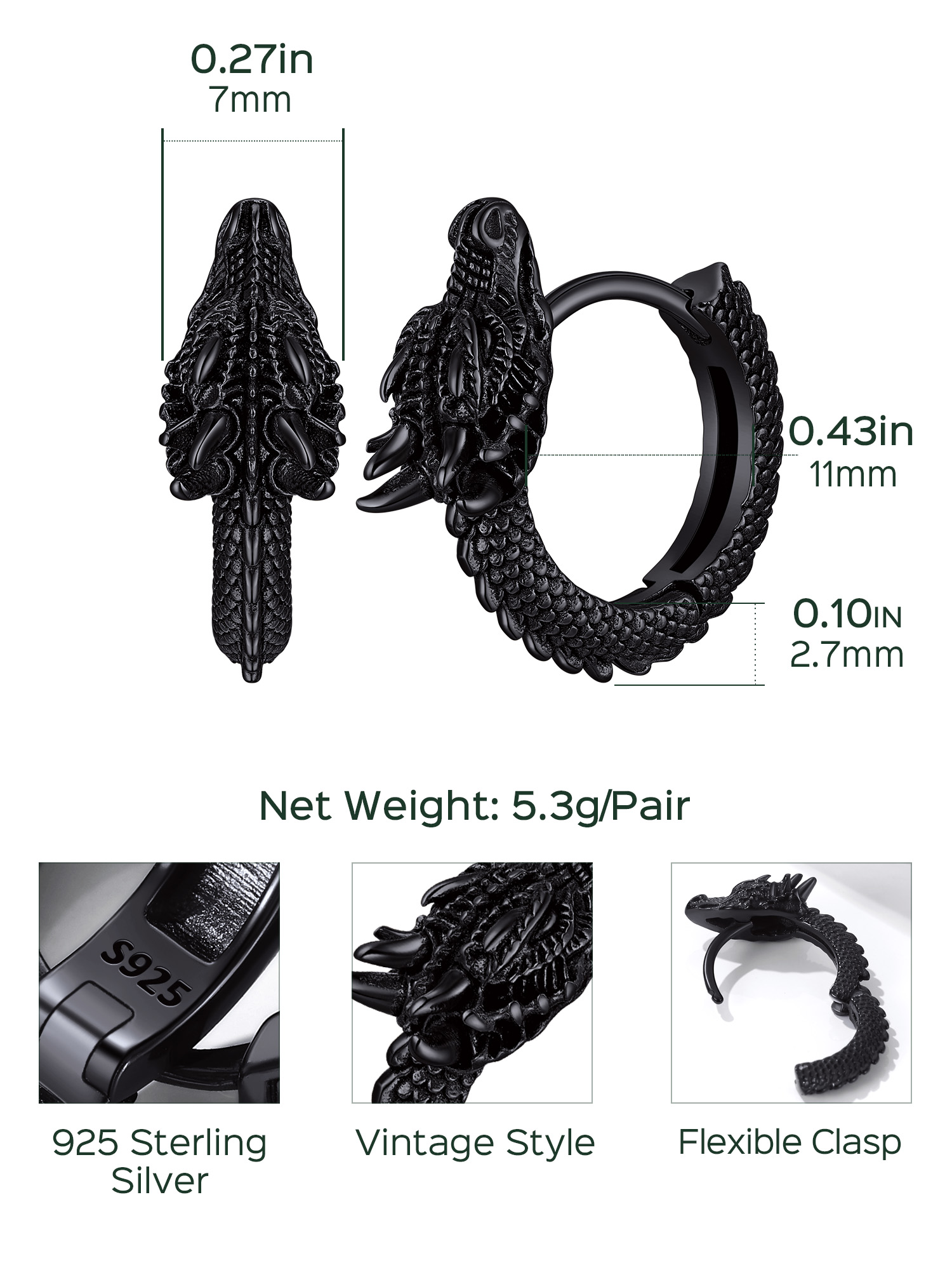 Hypoallergenic Dragon Earrings Hoop Earrings Details: Dimensions, Hypoallergenic, Hinged Hoop.