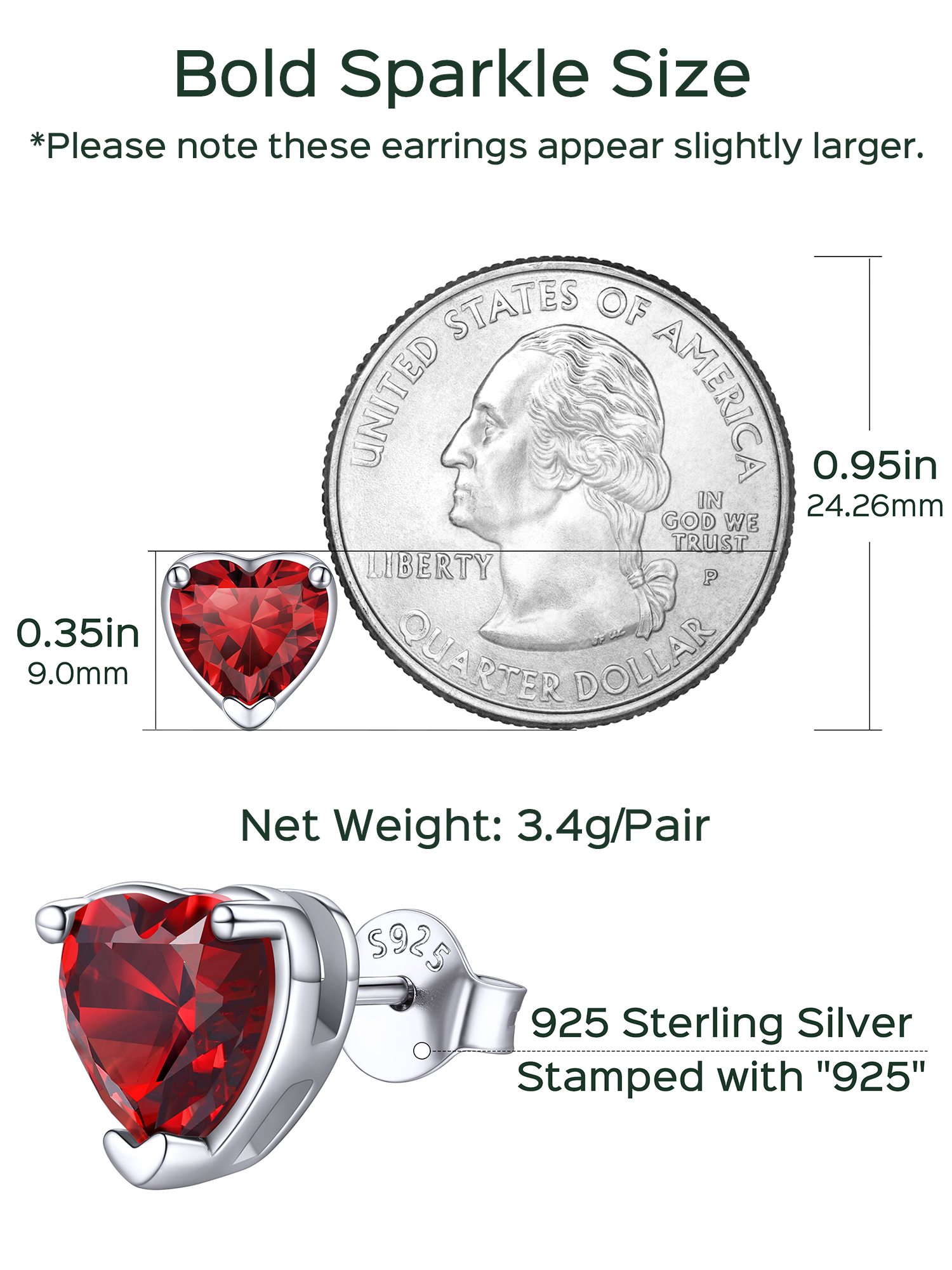 8mm Heart Prongs Set with Heart Birthstone Stud Earrings  Details: Dimensions, Hypoallergenic, Push Back Finding