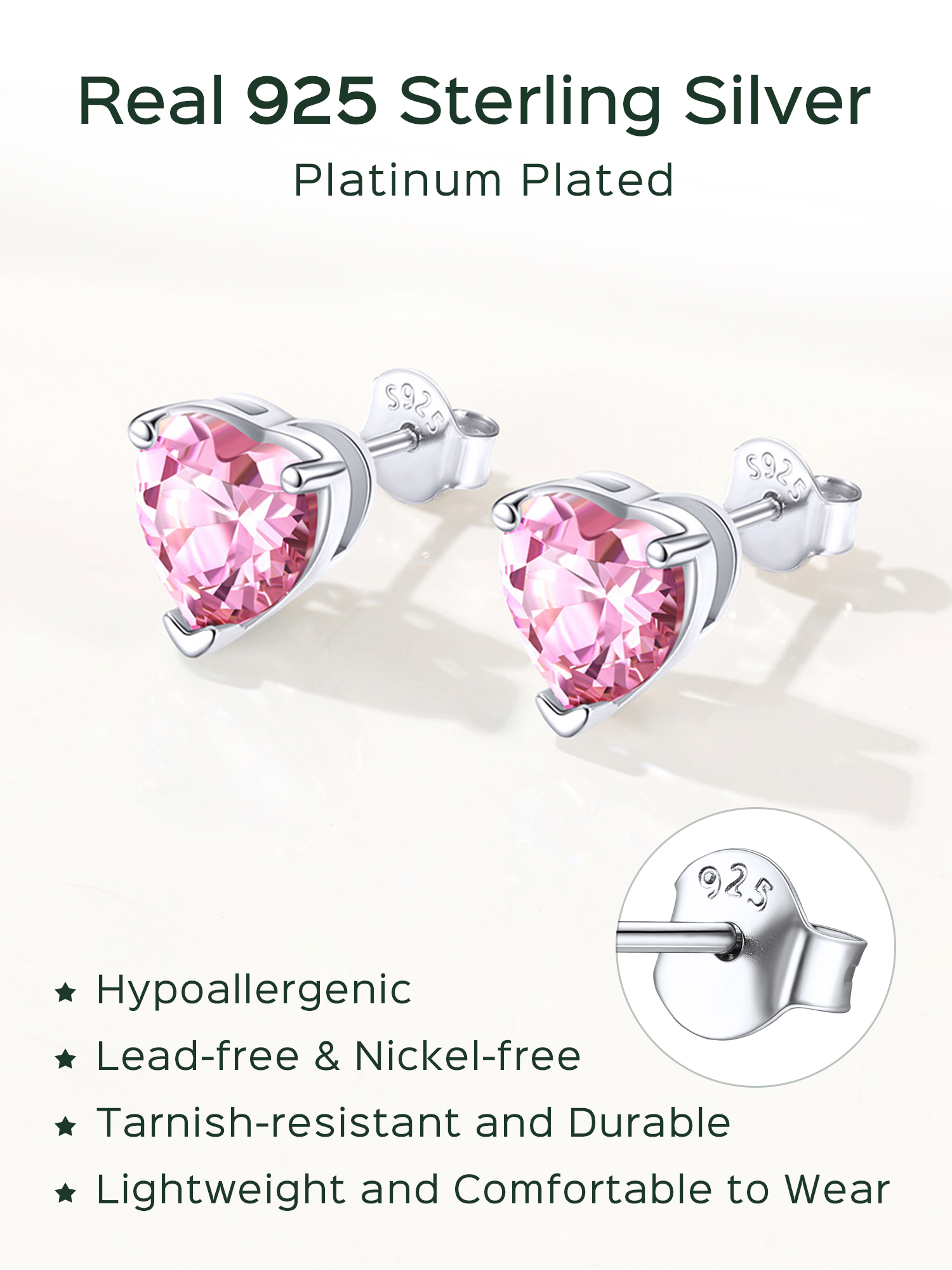 Sterling Silver 8mm Heart Prongs Set with Heart Birthstone Stud Earrings