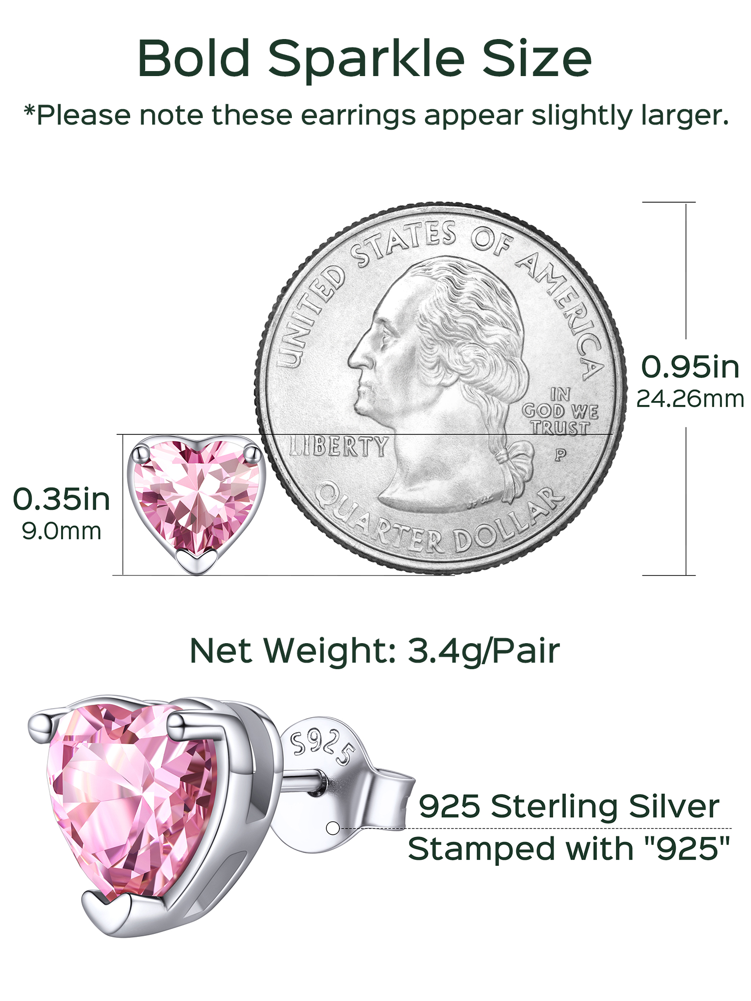 8mm Heart Prongs Set with Heart Birthstone Stud Earrings Details: Dimensions, Hypoallergenic, Push Back Finding