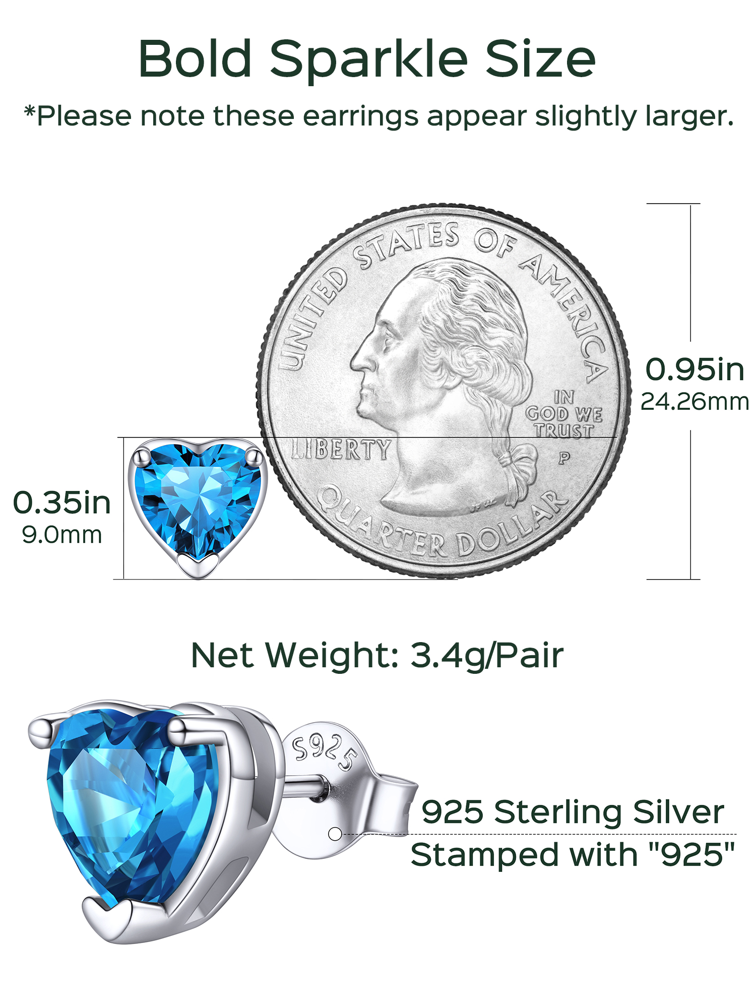 8mm Heart Prongs Set with Heart Birthstone Stud Earrings Details: Dimensions, Hypoallergenic, Push Back Finding