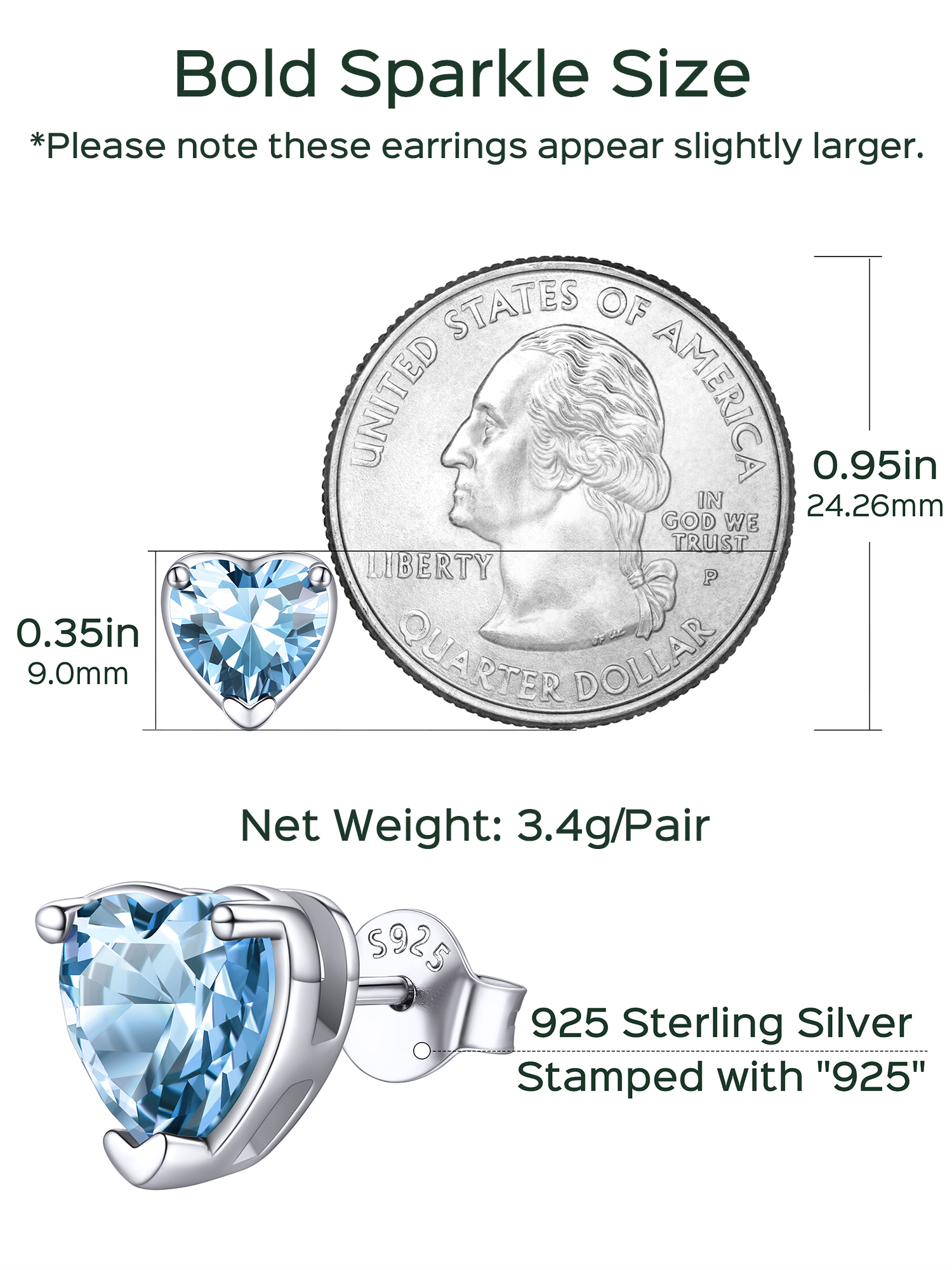 8mm Heart Prongs Set with Heart Birthstone Stud Earrings  Details: Dimensions, Hypoallergenic, Push Back Finding