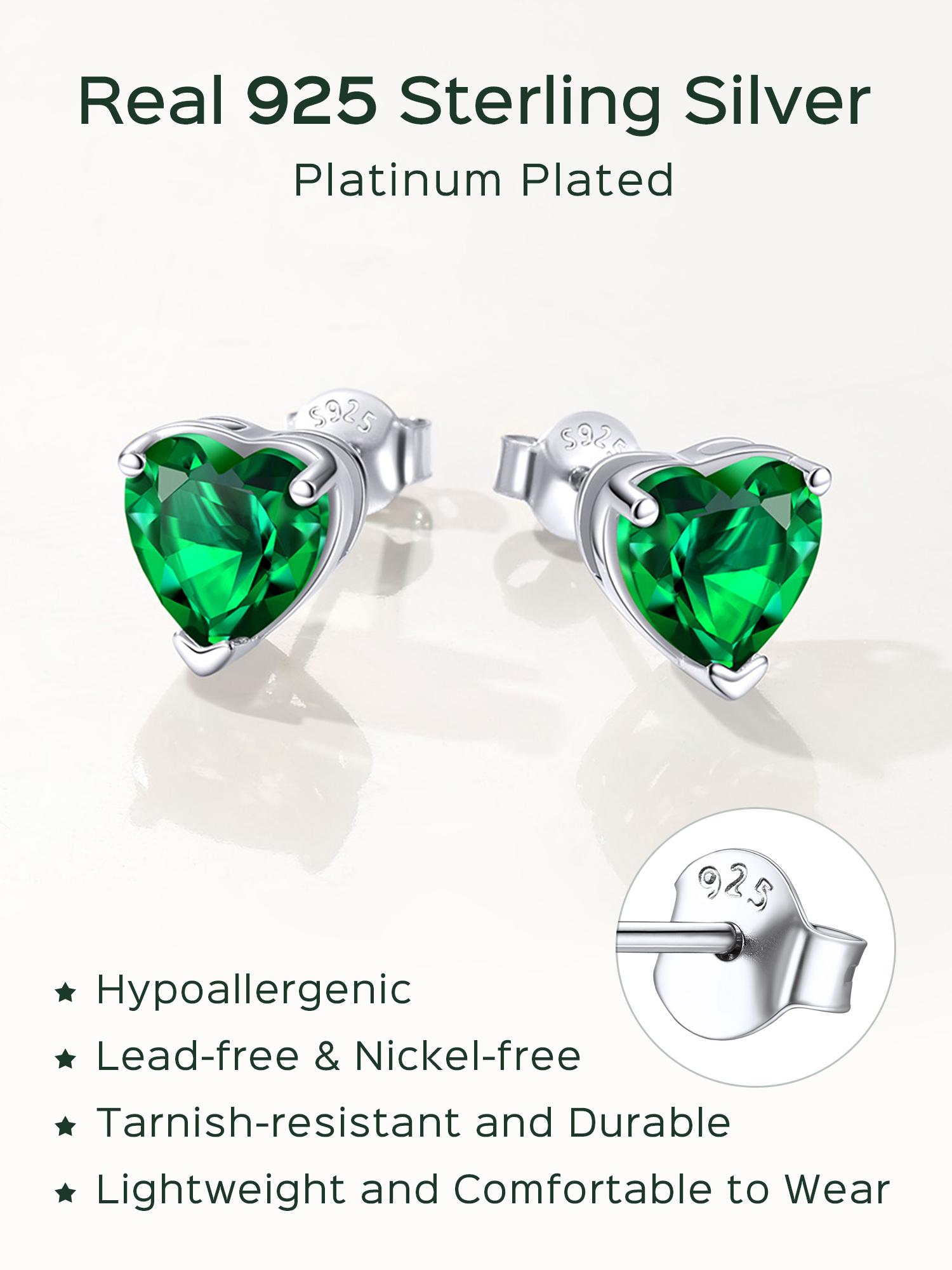 Sterling Silver 8mm Heart Prongs Set with Heart Birthstone Stud Earrings