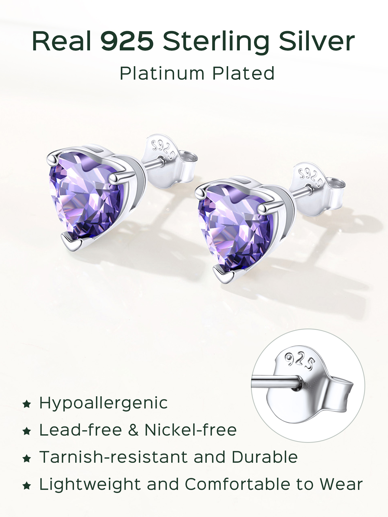 Sterling Silver 8mm Heart Prongs Set with Heart Birthstone Stud Earrings