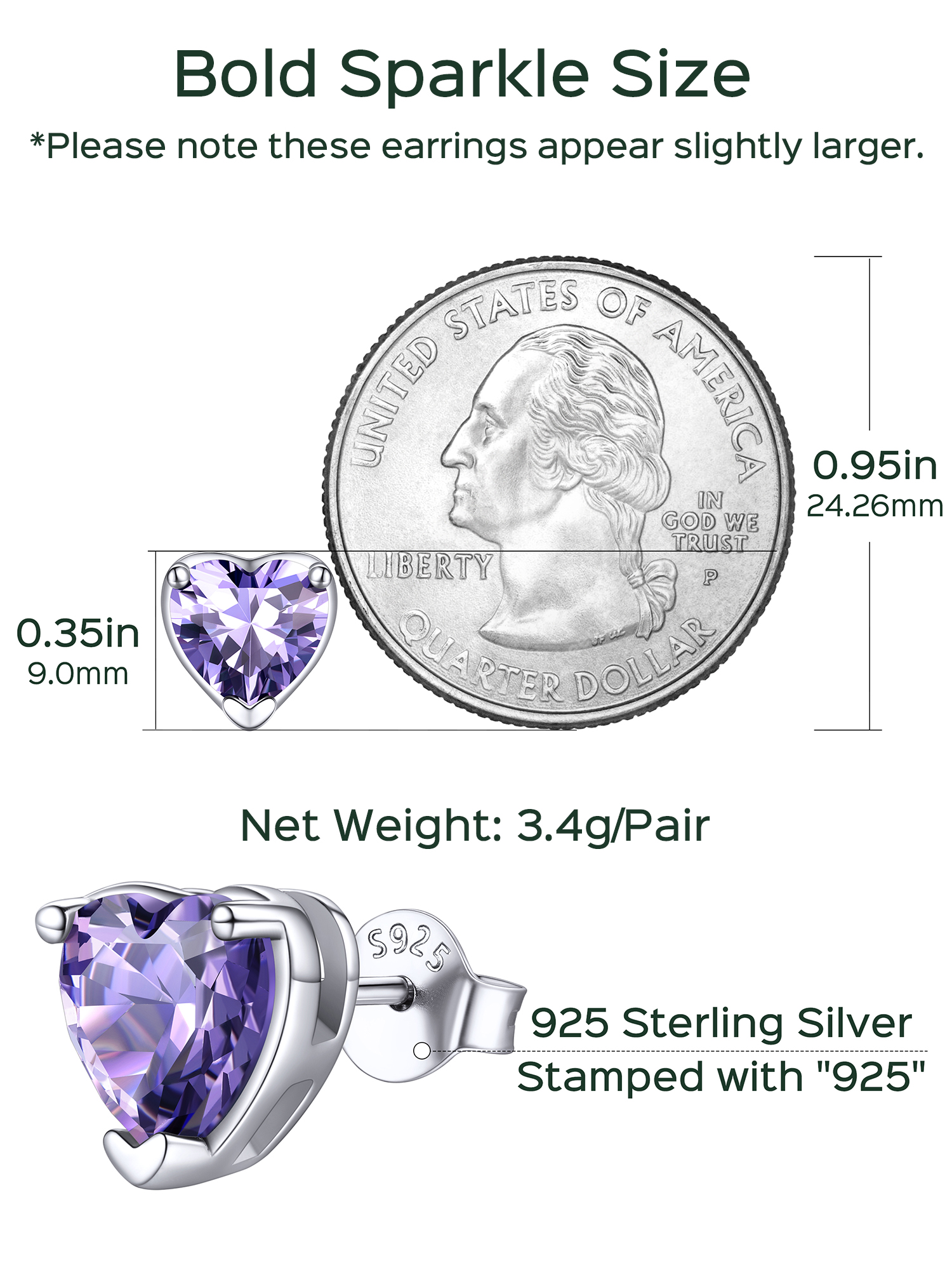 8mm Heart Prongs Set with Heart Birthstone Stud Earrings  Details: Dimensions, Hypoallergenic, Push Back Finding