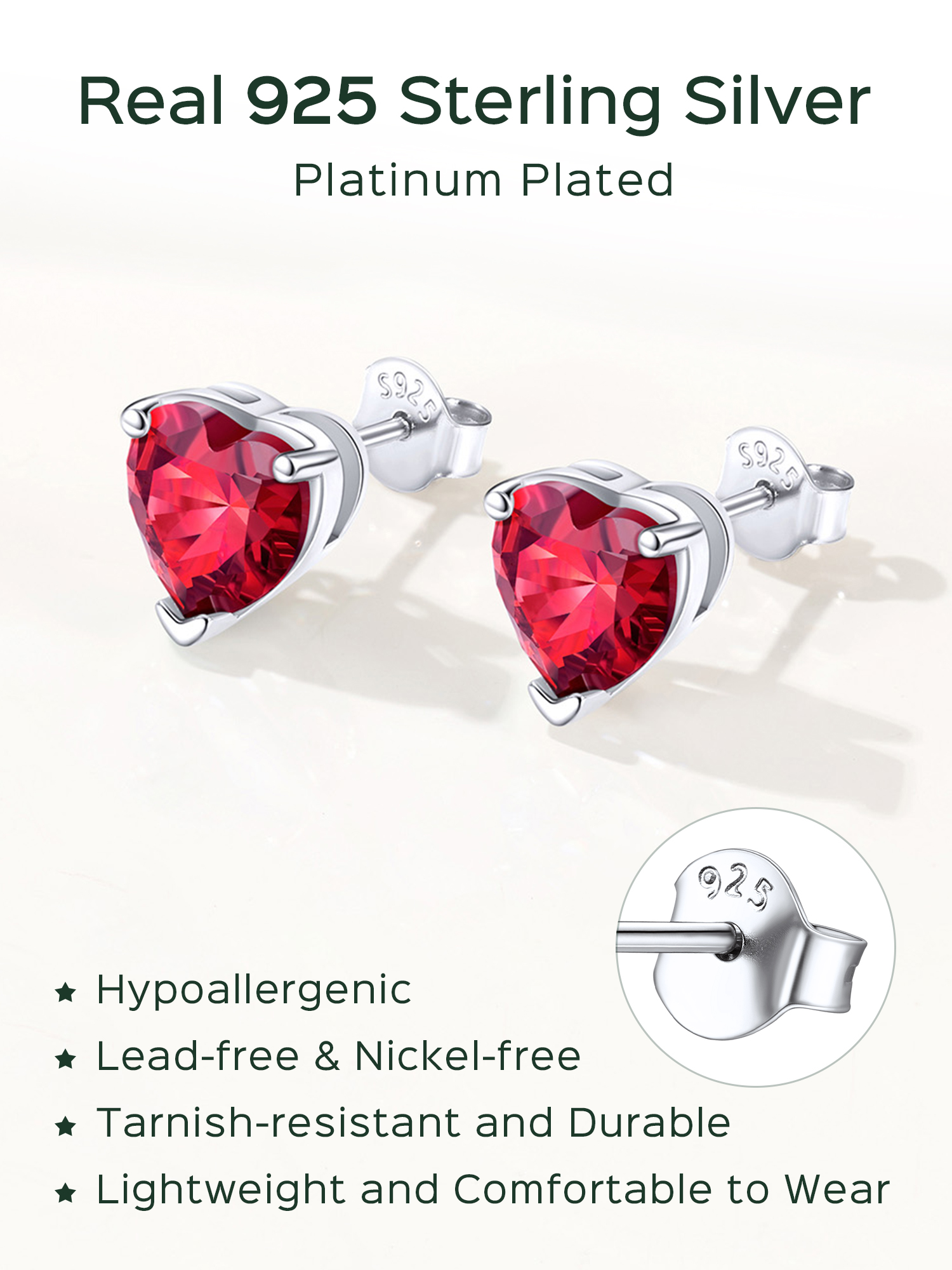 Sterling Silver 8mm Heart Prongs Set with Heart Birthstone Stud Earrings