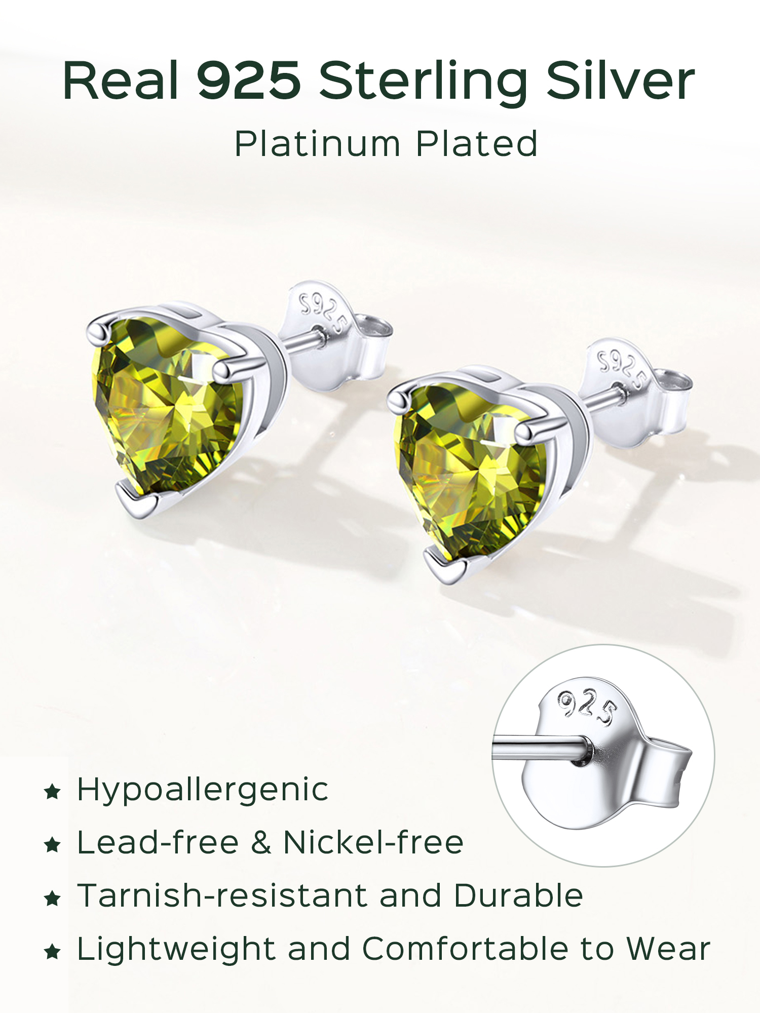 Sterling Silver 8mm Heart Prongs Set with Heart Birthstone Stud Earrings