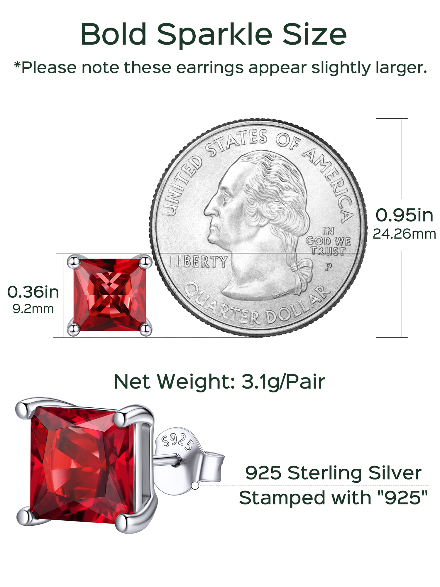 8mm Princess Cut Birthstone Halo Stud Earrings Details: Dimensions, Hypoallergenic, Push Back Finding