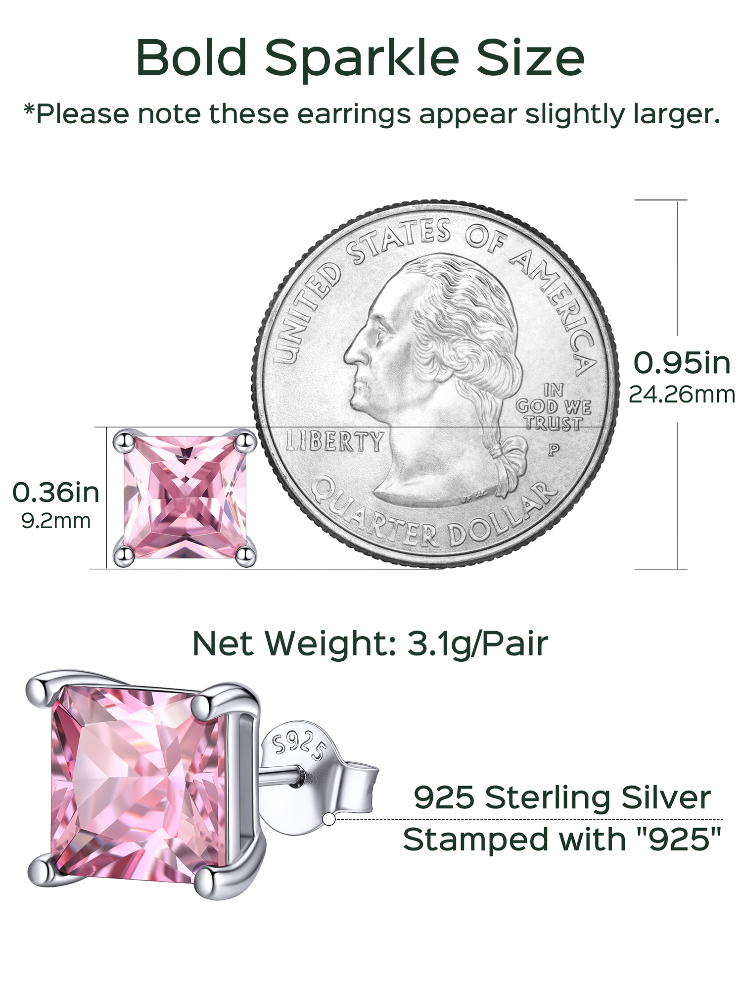 8mm Princess Cut Birthstone Halo Stud Earrings Details: Dimensions, Hypoallergenic, Push Back Finding