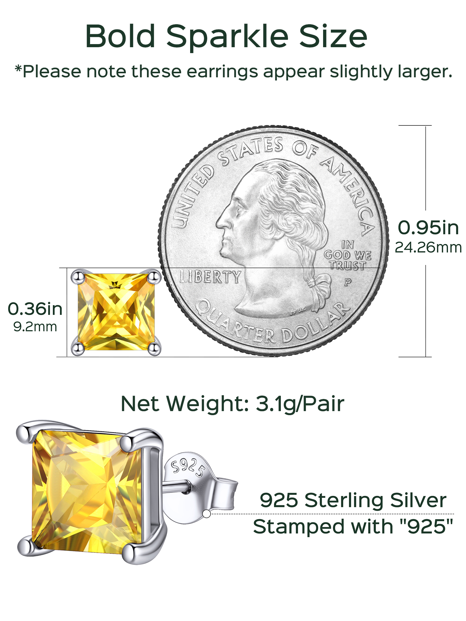 8mm Princess Cut Birthstone Halo Stud Earrings Details: Dimensions, Hypoallergenic, Push Back Finding