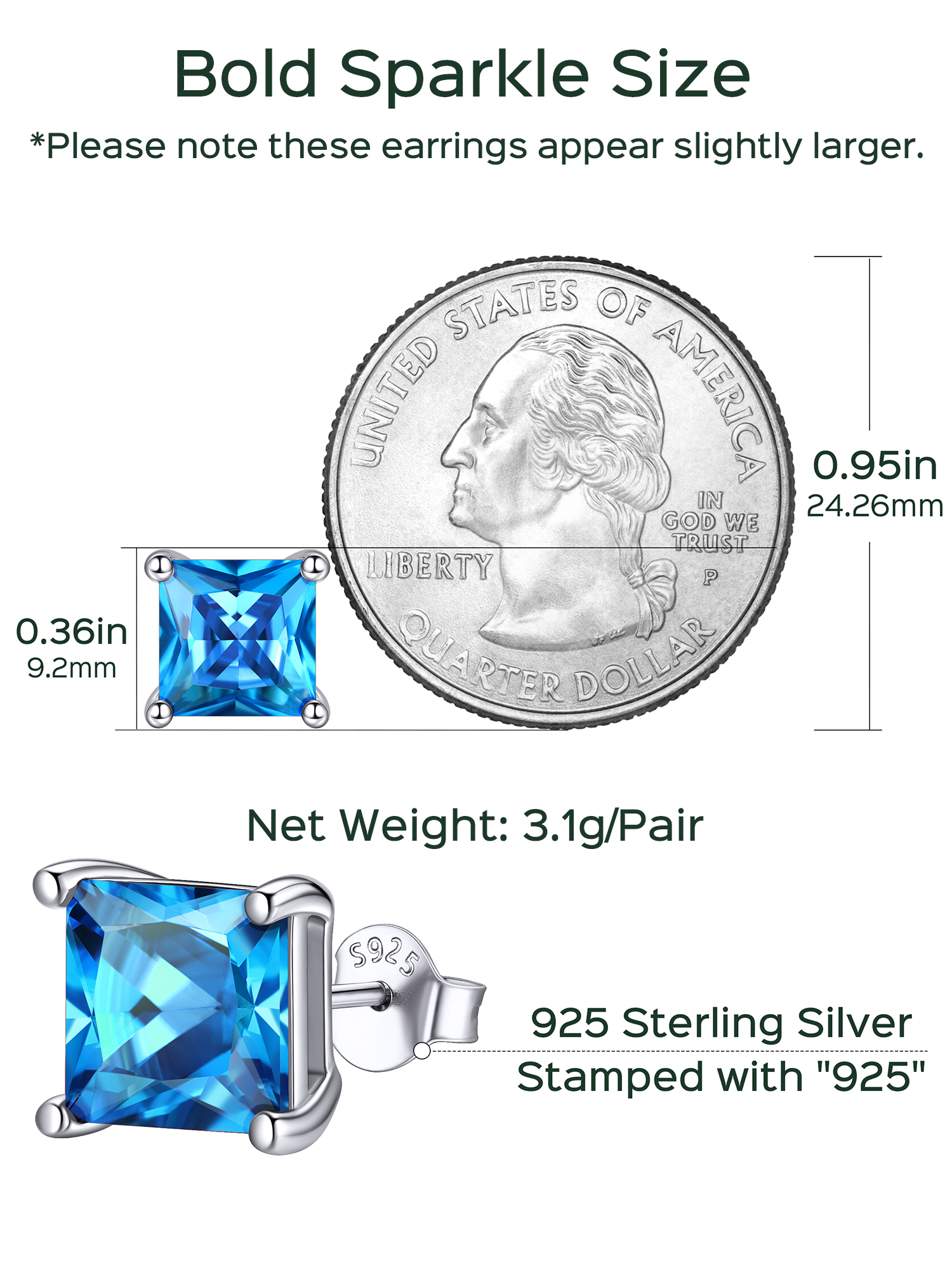 8mm Princess Cut Birthstone Halo Stud Earrings Details: Dimensions, Hypoallergenic, Push Back Finding