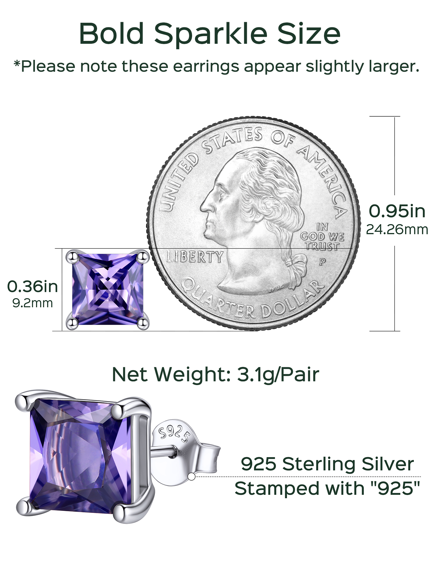 8mm Princess Cut Birthstone Halo Stud Earrings Details: Dimensions, Hypoallergenic, Push Back Finding