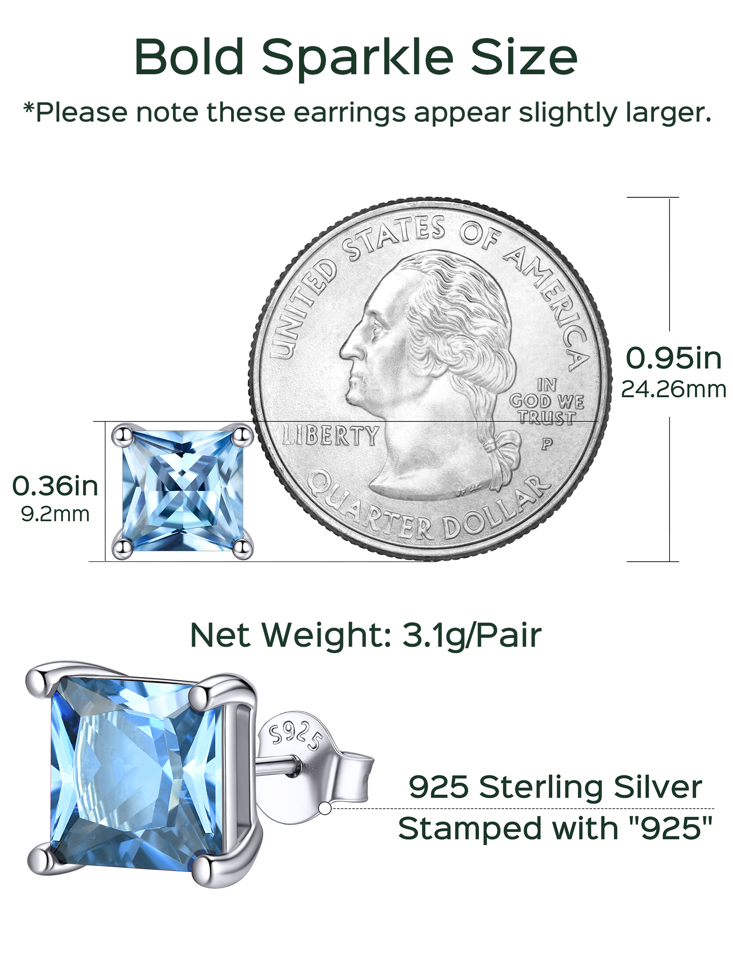 8mm Princess Cut Birthstone Halo Stud Earrings Details: Dimensions, Hypoallergenic, Push Back Finding