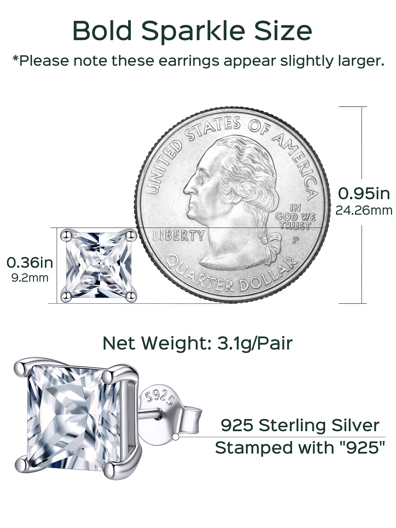 8mm Princess Cut Birthstone Halo Stud Earrings Details: Dimensions, Hypoallergenic, Push Back Finding