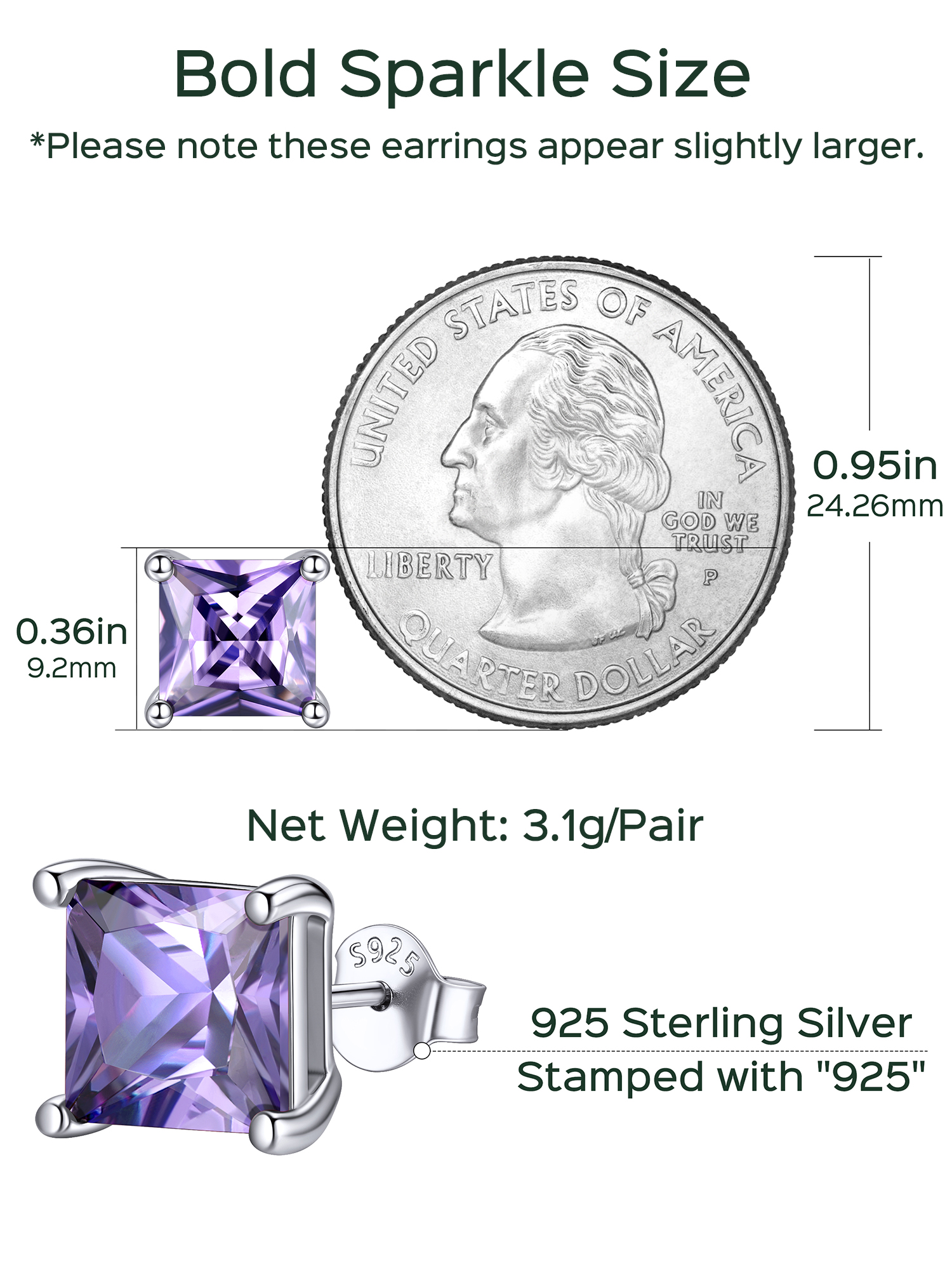 8mm Princess Cut Birthstone Halo Stud Earrings Details: Dimensions, Hypoallergenic, Push Back Finding