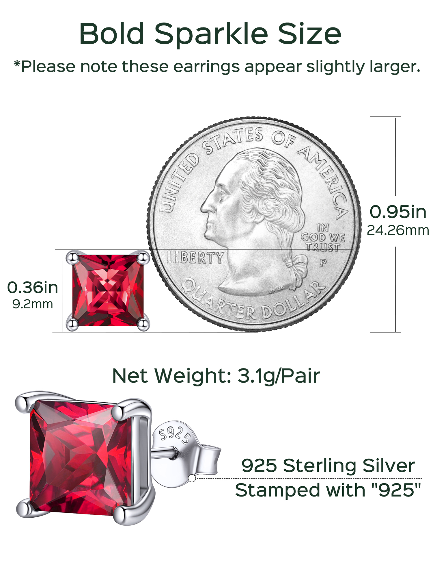 8mm Princess Cut Birthstone Halo Stud Earrings Details: Dimensions, Hypoallergenic, Push Back Finding