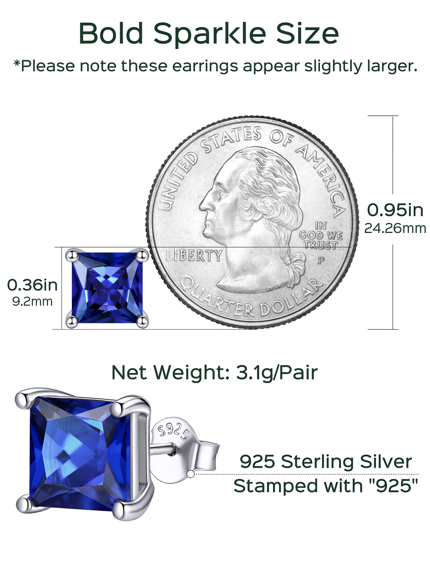 8mm Princess Cut Birthstone Halo Stud Earrings Details: Dimensions, Hypoallergenic, Push Back Finding