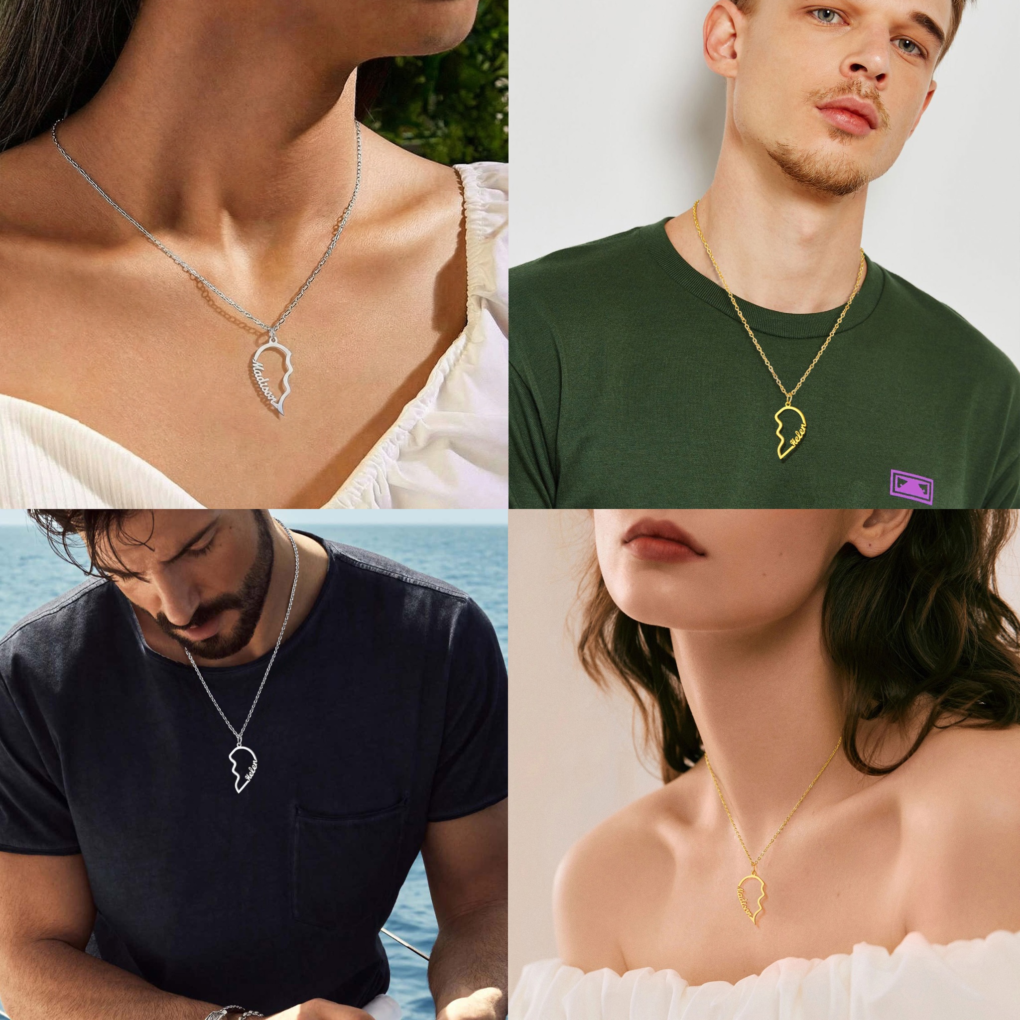Personalized Split Heart Matching Friendship Couple Name Necklaces for Friends, Couples