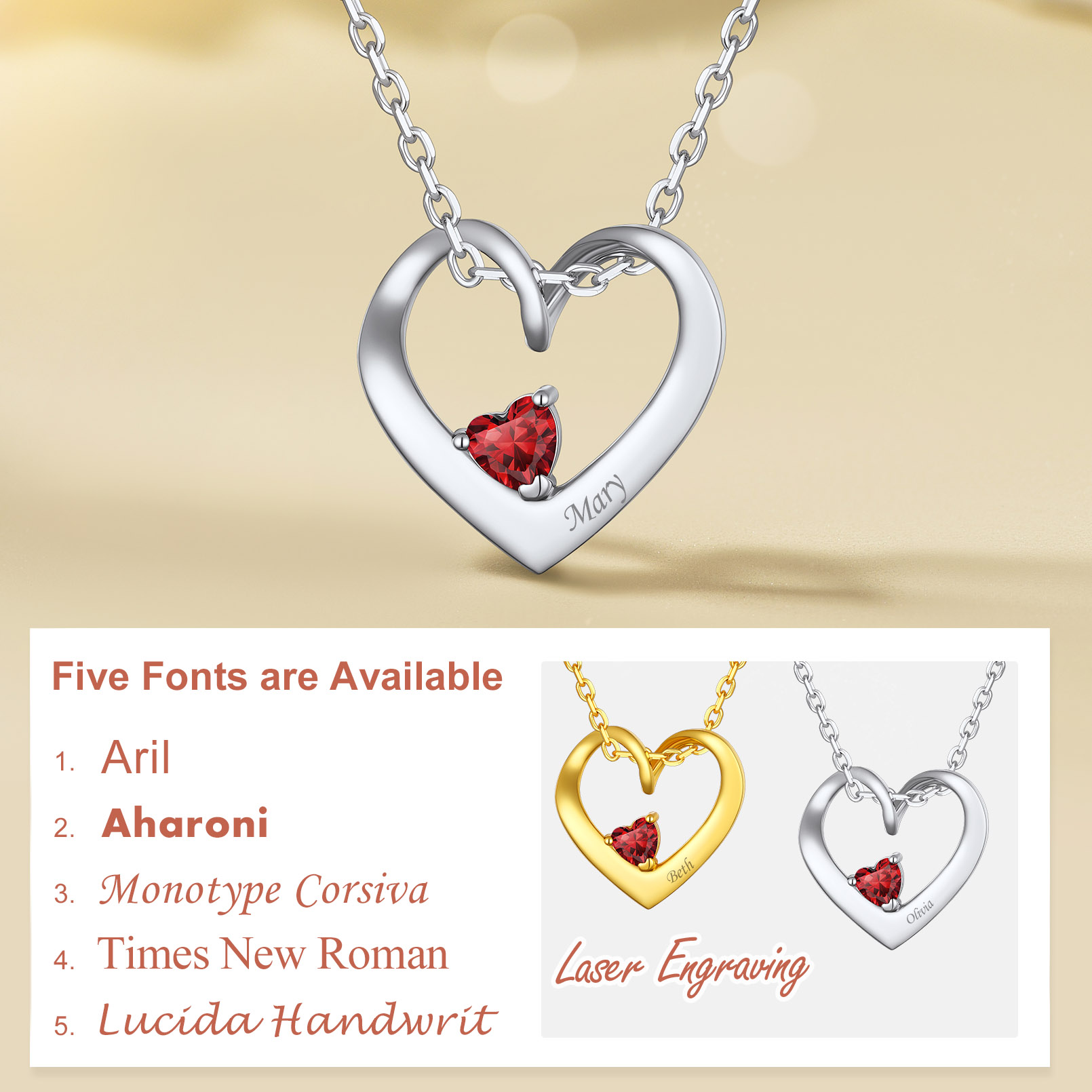 Personalized Dimensional heart birthstone necklace with engraved name