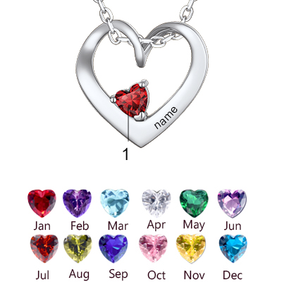 Personalized Dimensional heart birthstone necklace with engraved name  in Different Month Colors