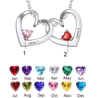 Personalized Dimensional heart birthstone necklace with engraved name in Different Month Colors