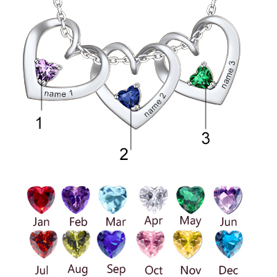 Personalized Dimensional heart birthstone necklace with engraved name  in Different Month Colors