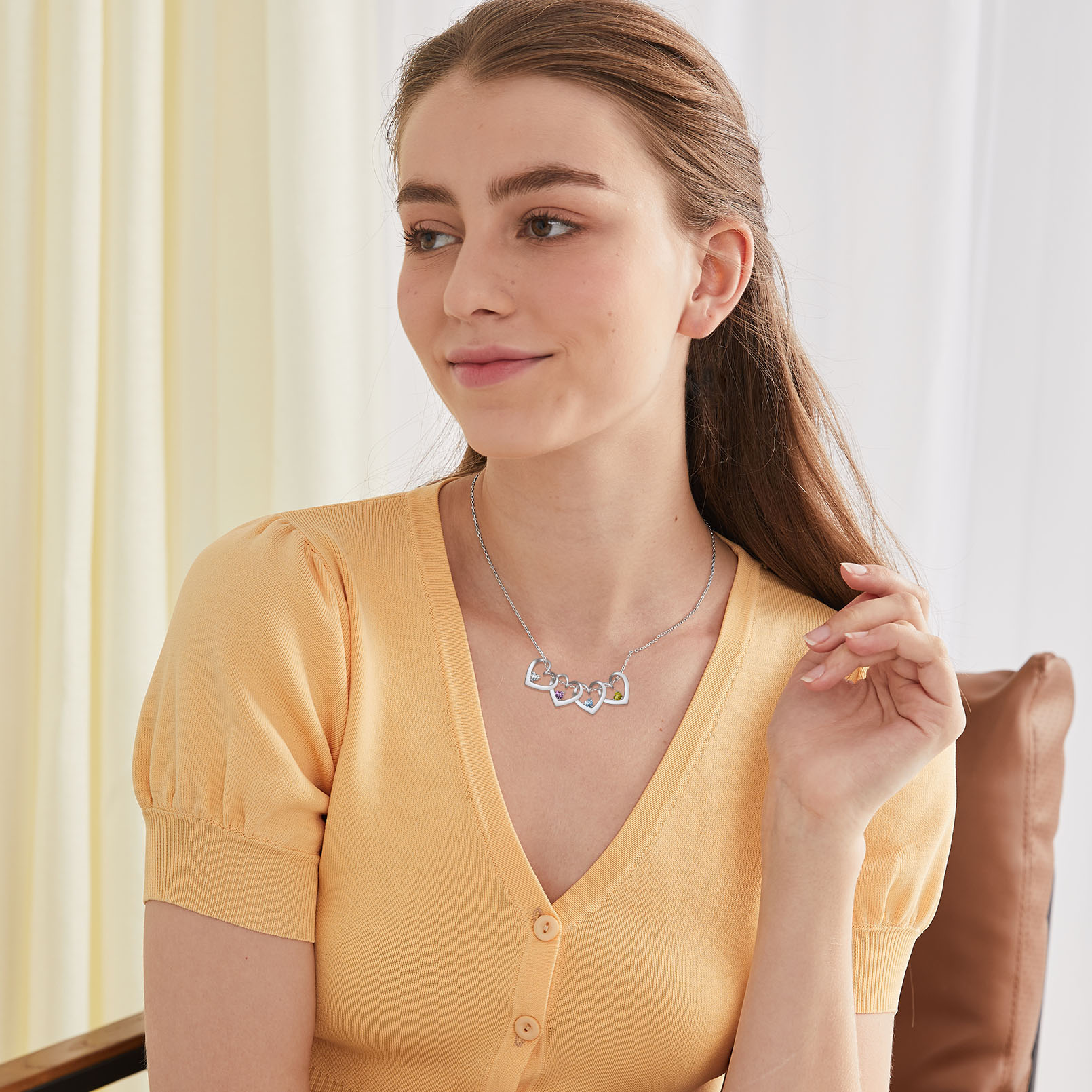 Personalized Dimensional heart birthstone necklace with engraved name for Women