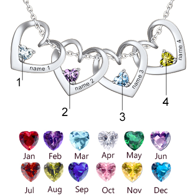 Personalized Dimensional heart birthstone necklace with engraved name for Women  in Different Month Colors