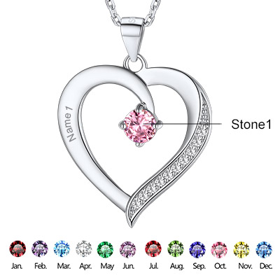 Personalized Heart 1 Birthstone Pendant Necklace with Engraved Name