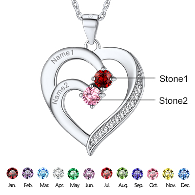 Personalized Heart 2 Birthstone Pendant Necklace with Engraved Name