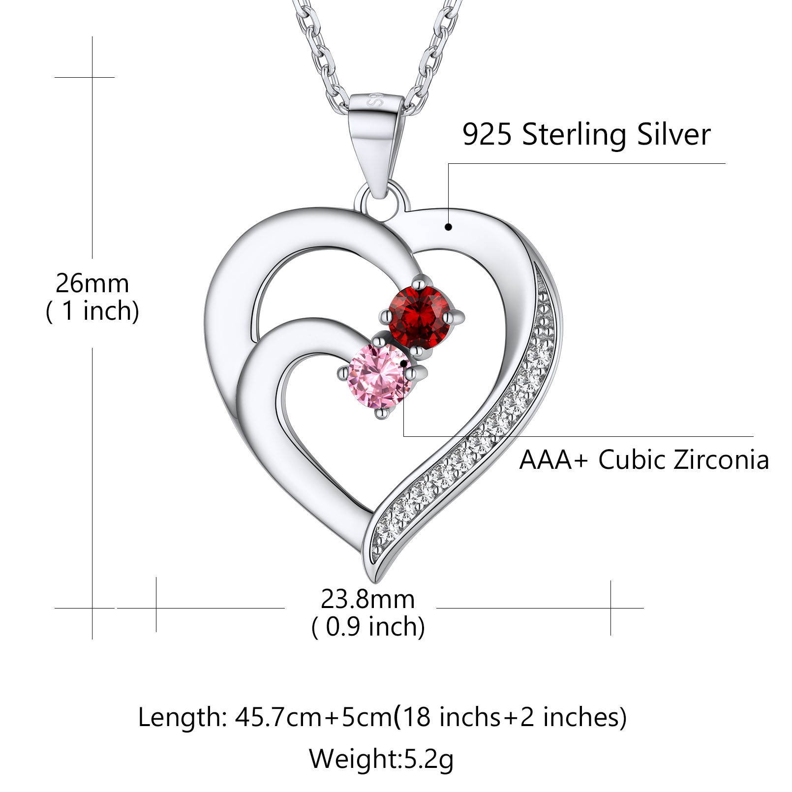 Sterling Silver Personalized Heart Birthstone Pendant Necklace with Engraved Name