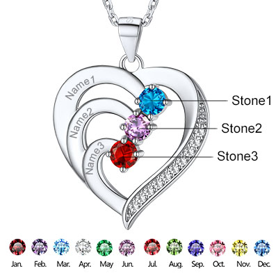 Personalized Heart 3 Birthstone Pendant Necklace with Engraved Name