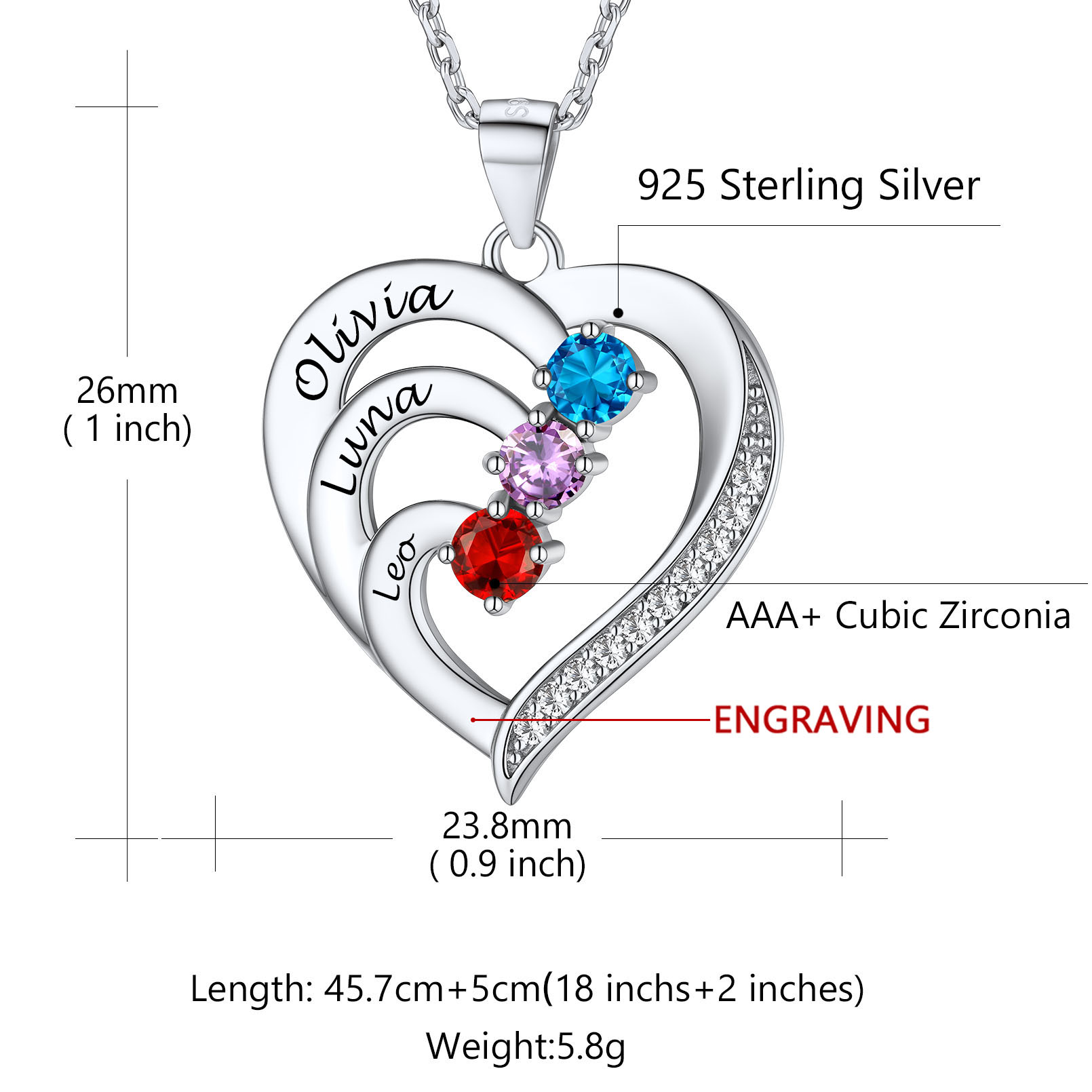Sterling Silver Personalized Heart Birthstone Pendant Necklace with Engraved Name