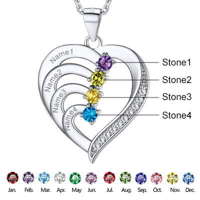 Personalized Heart 4 Birthstone Pendant Necklace with Engraved Name