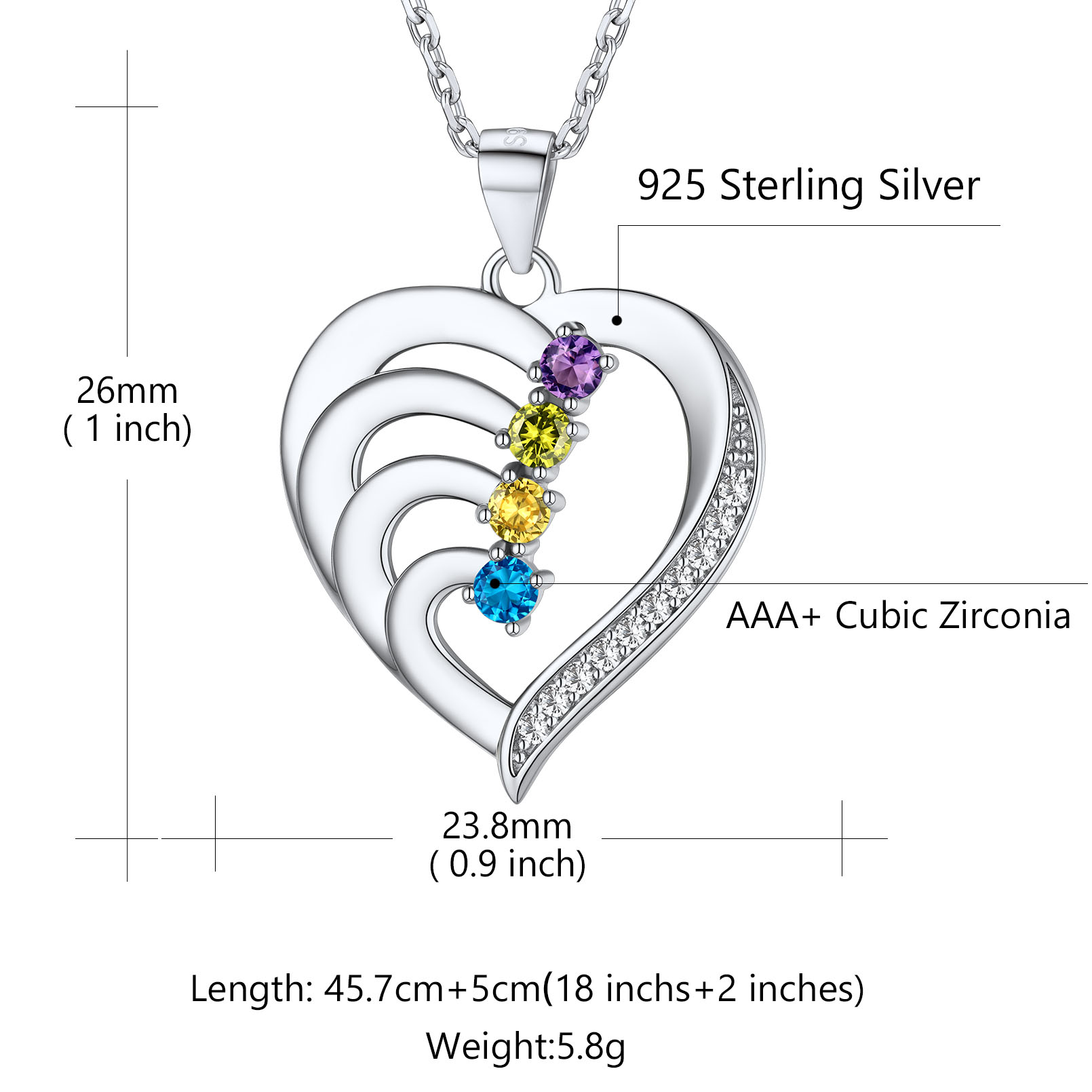 Sterling Silver Personalized Heart Birthstone Pendant Necklace with Engraved Name