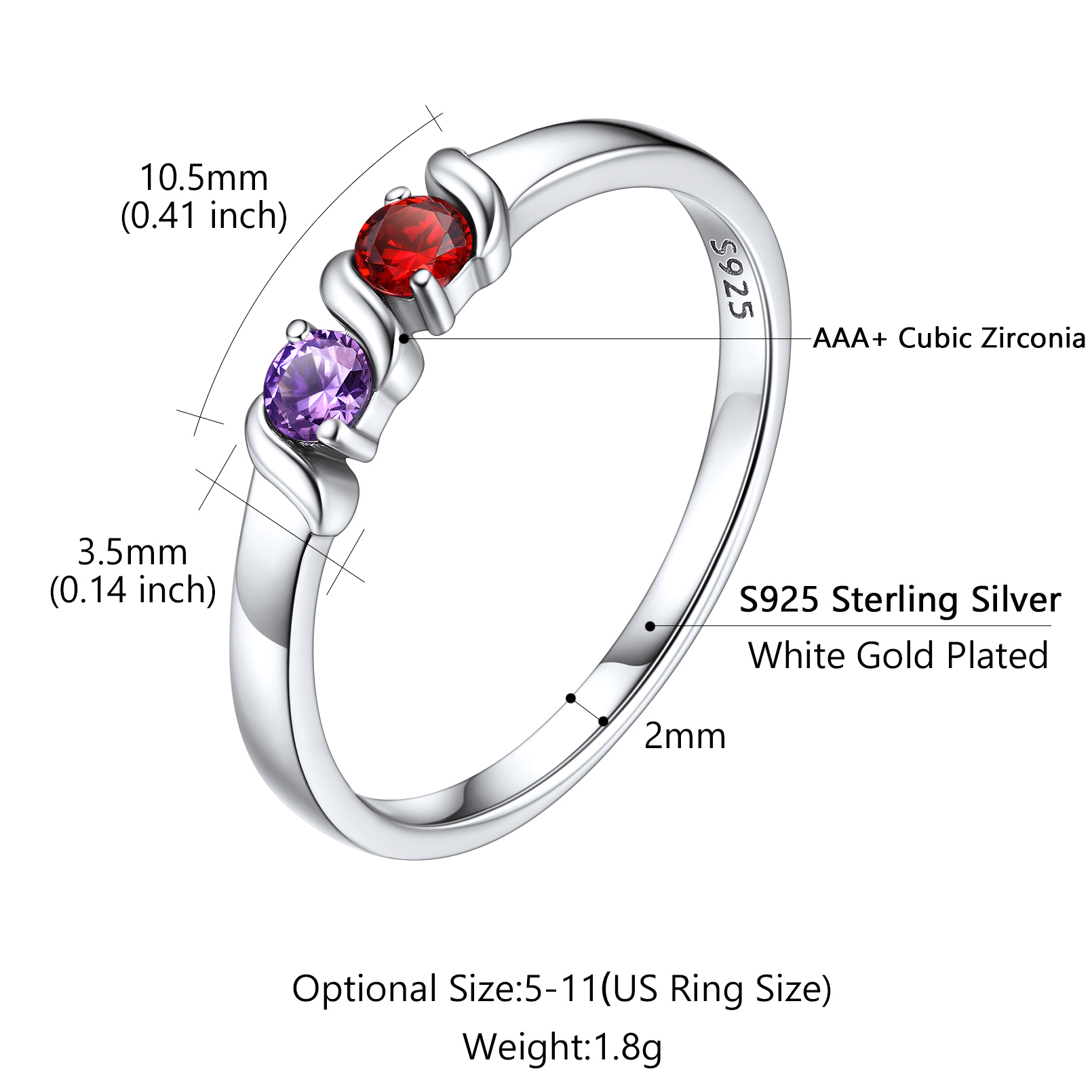 Personalized Family Names Engraved Birthstone Ring Details: Dimensions, Hypoallergenic, US 05-11. Weight:  2.0-4.5g