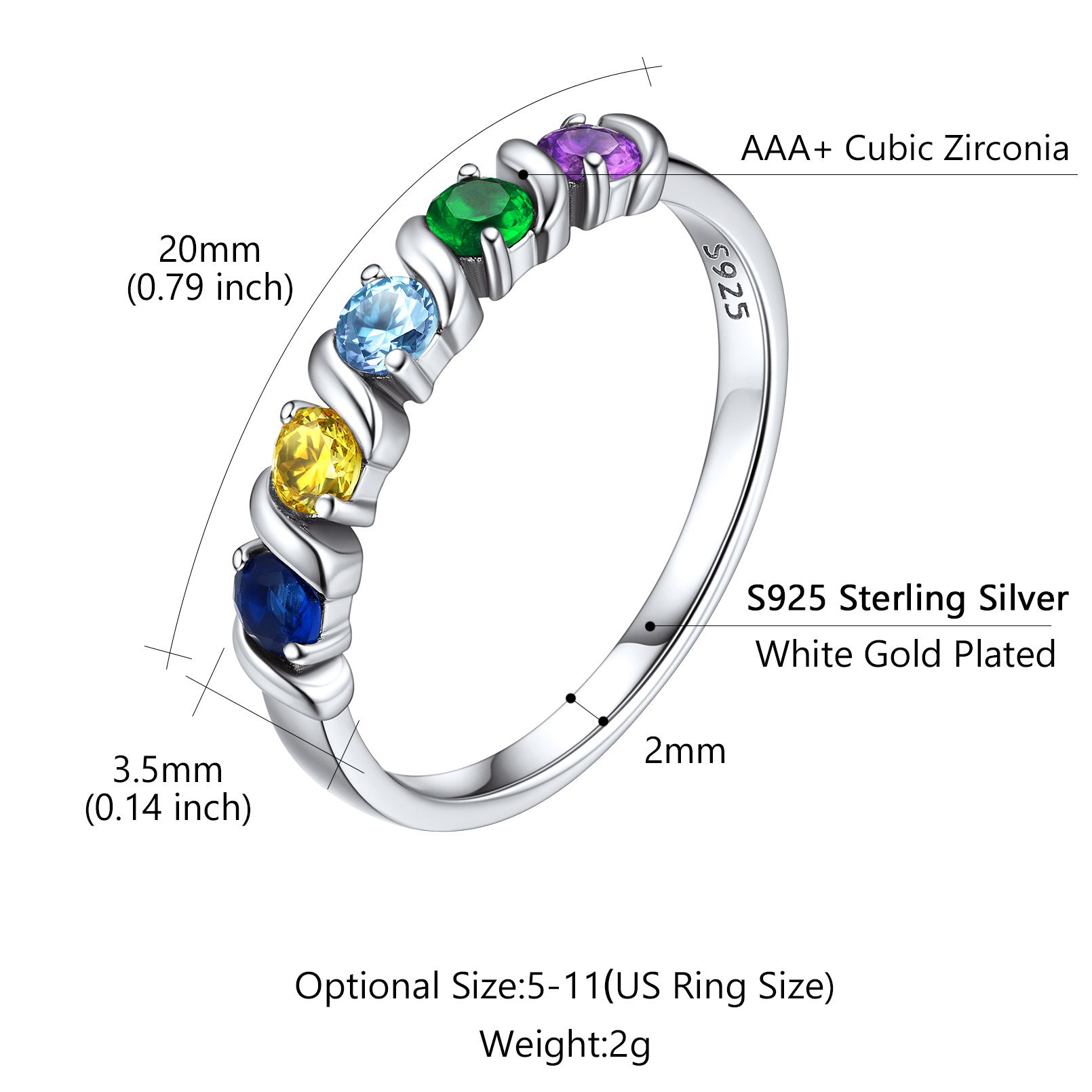 Personalized Family Names Engraved Birthstone Ring Details: Dimensions, Hypoallergenic, US 05-11. Weight:  2.0-4.5g