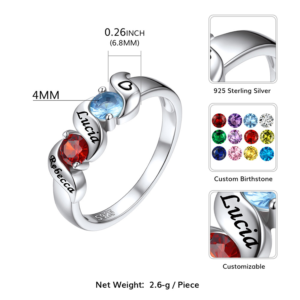 Personalized Birthstone Ring with Engraved Names Details: Dimensions, Hypoallergenic, US Size 5-11