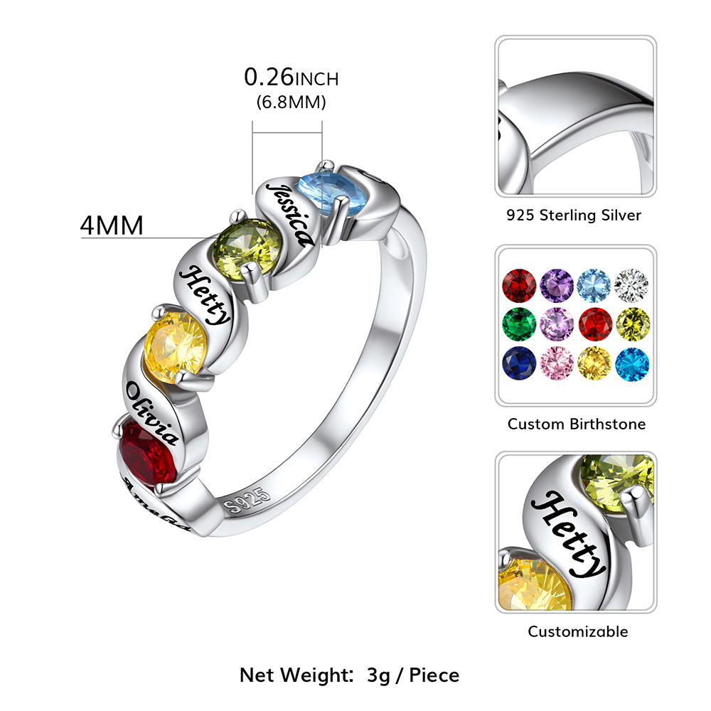 Personalized Birthstone Ring with Engraved Names Details: Dimensions, Hypoallergenic, US Size 5-11